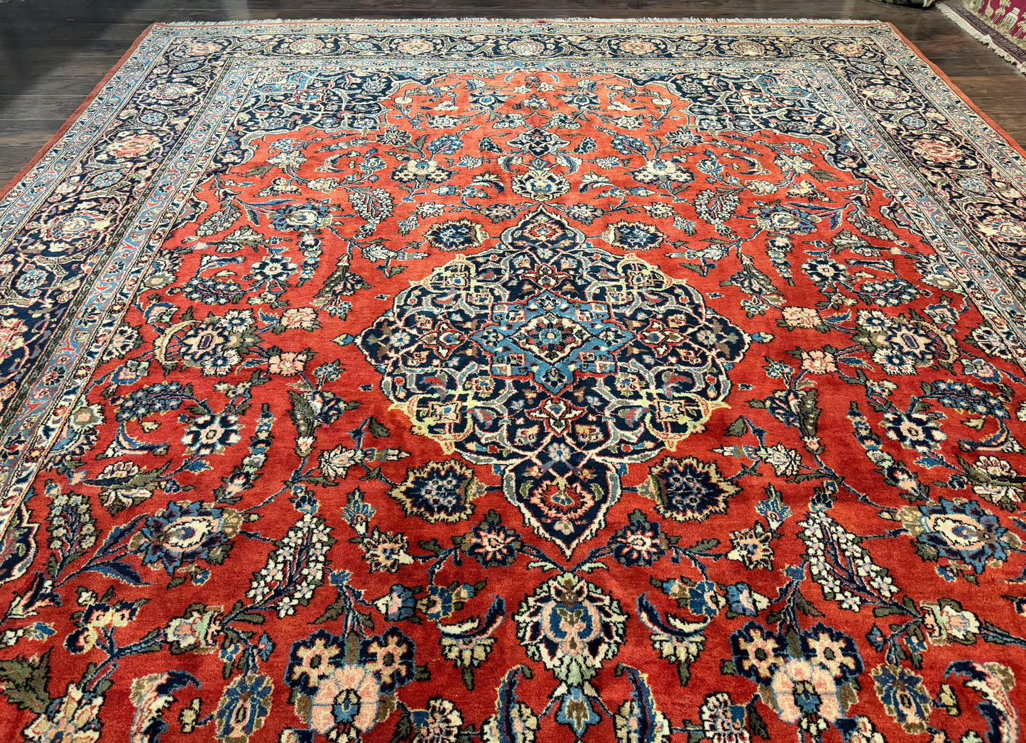 Red Persian Kashan Rug 10x14, Hand-Knotted Semi Antique Floral Medallion Handmade Wool Carpet, Red & Navy Blue - Nuvé