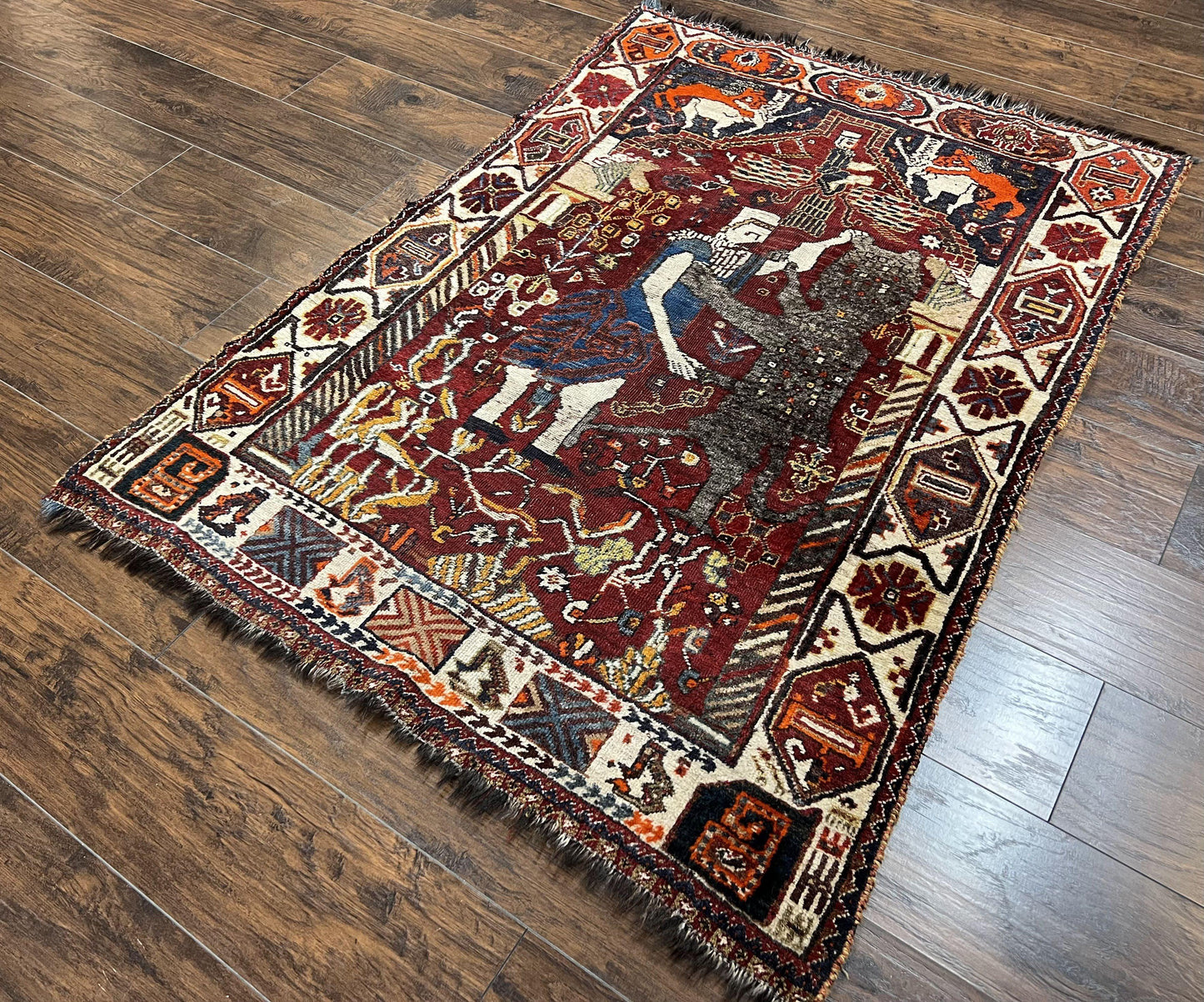 Antique Persian Shiraz Pictorial Rug 3.6 x 5, Persian Tribal Rug, Handmade, Lions, Highly Unique Collectible Small Persian Carpet, Maroon, Wool - Nuvé