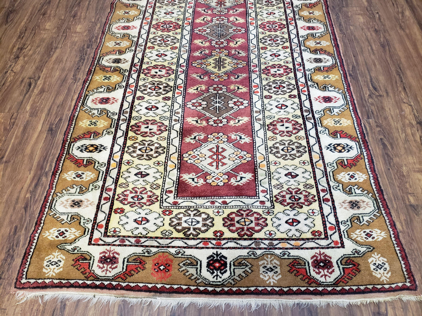 Turkish Caucasian Rug 4x7, Vintage Hand-Knotted Wool Turkish Talish Carpet 4 x 7, Cream, Burnt Orange Carmine Red Area Rug, Bohemian Rug - Nuvé