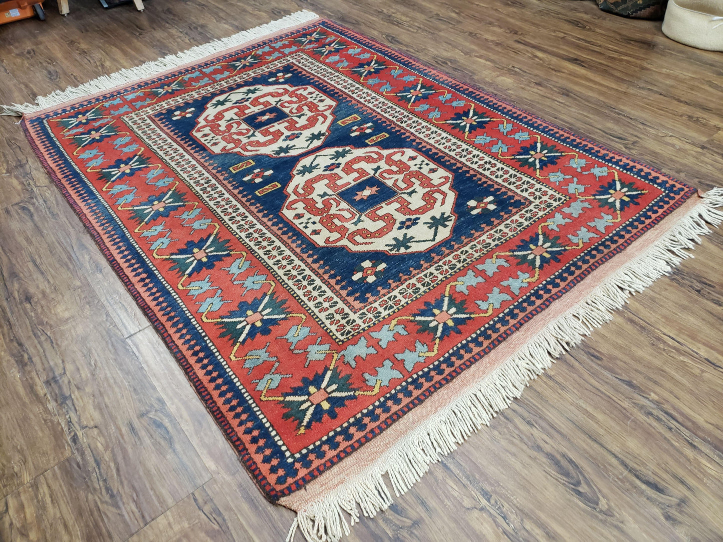 Turkish Kazak Rug 5x6 Vintage Handmade Wool Carpet Geometric Blue Red - Nuvé