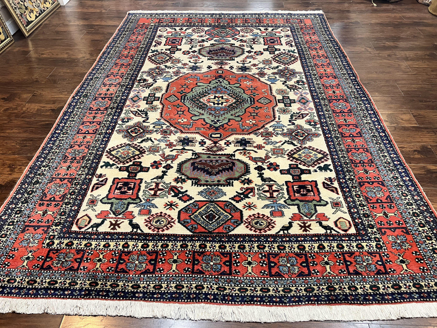 Persian Tribal Rug 8x11, Persian Ardabil Rug, Geometric Medallion Animal Pictorial Rug, Ivory Red Blue, Hand Knotted Vintage Wool Carpet - Nuvé