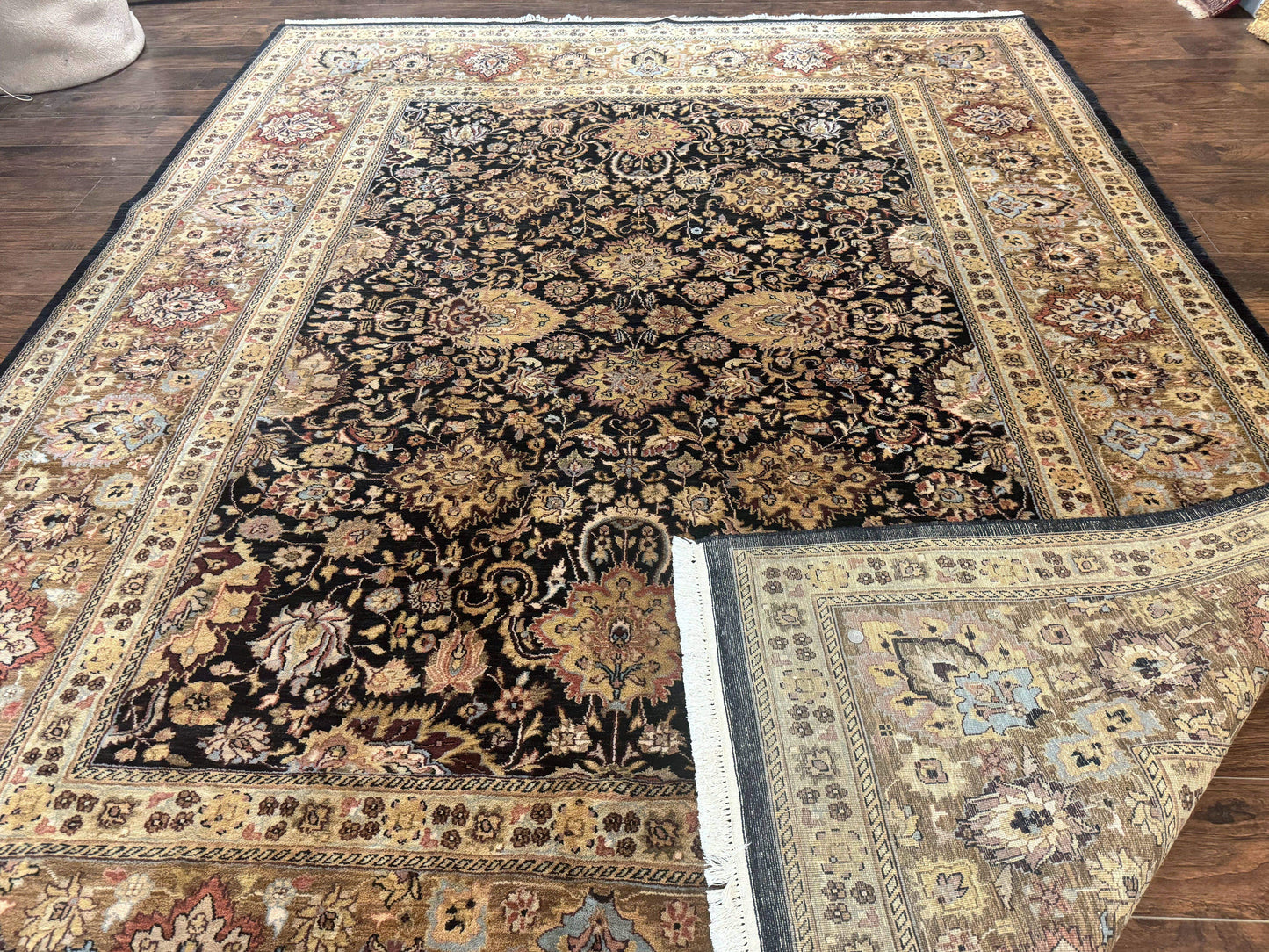 Indo Persian Rug 9x12, Floral Allover, Midnight Blue, Handmade Vintage Wool Oriental Carpet - Nuvé