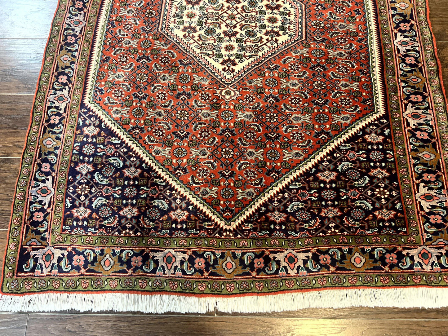 Persian Bidjar Rug 4x5, Finely Hand Knotted Vintage Carpet, Red and Navy Blue, Handmade Wool Rug, 180 KPSI - Nuvé