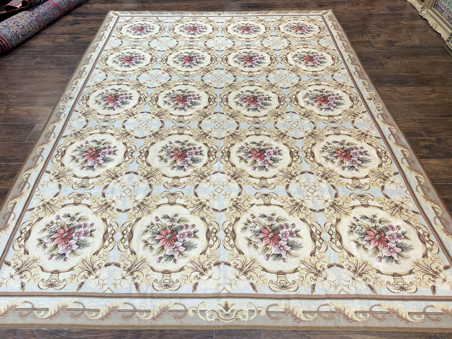 Chinese Needlepoint Rug 8x11, Handmade Wool Needlepoint Carpet, Vintage, Sky Blue - Nuvé