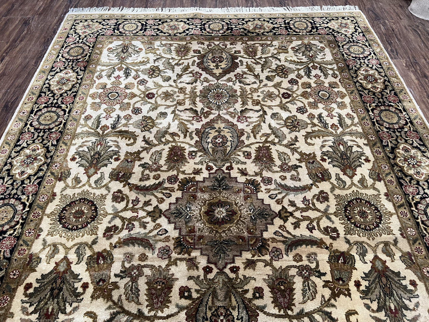 Indo Mahal Rug 6x9, Indian Floral Carpet 6 x 9, Beige and Black, Allover Design, Living Room Rug, Bedroom Rug, Traditional Rug, Vintage Rug - Nuvé
