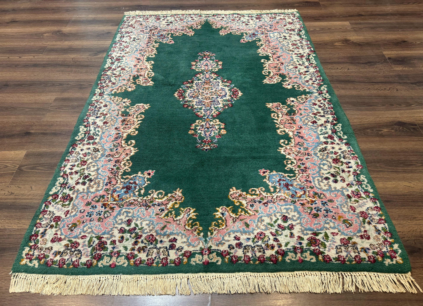 Persian Kerman Rug 4x6, Green Ivory Pink, Wool Vintage, Semi Open Field - Nuvé