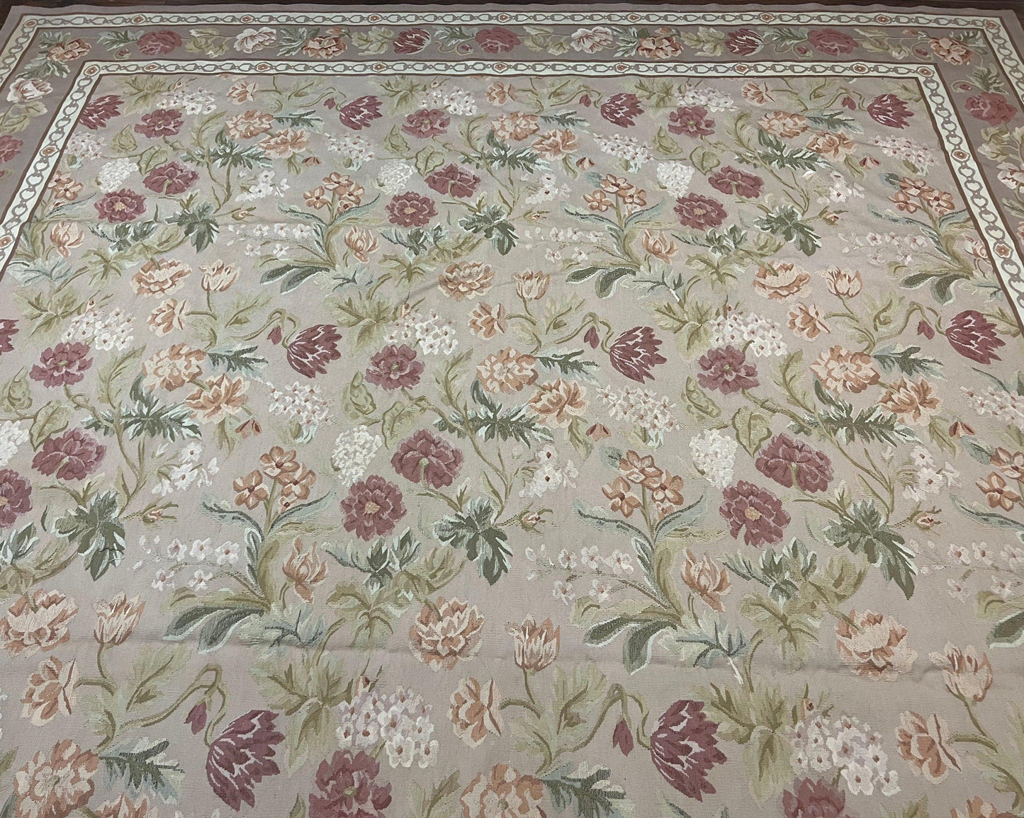 Aubusson Rug 9x12, Pink Beige Light Mauve, Handmade Allover Floral Roses, Wool Flatweave Carpet 9 x 12 ft, European French Design, Elegant - Nuvé