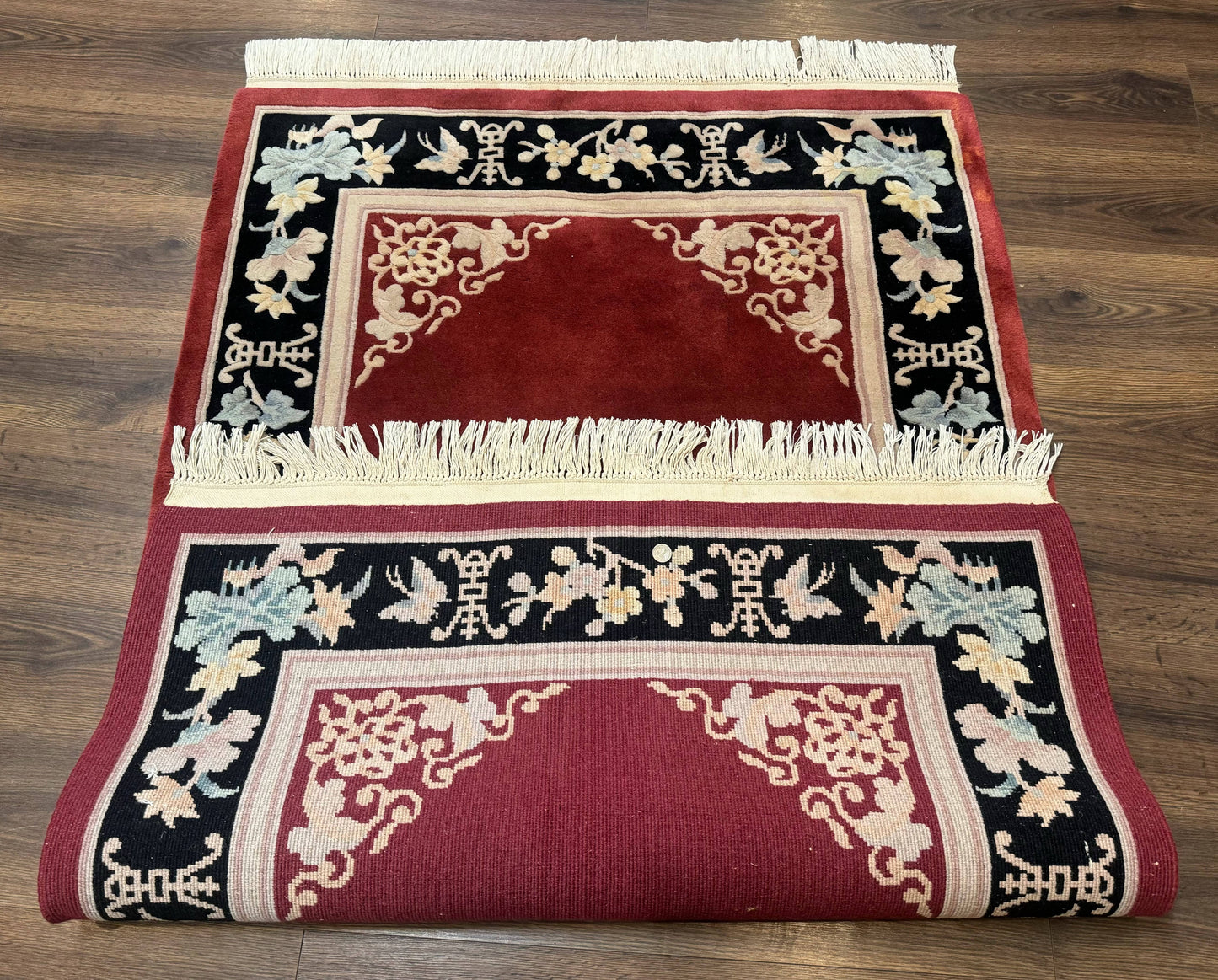 Dark Red Chinese Wool Rug 4x6, Chinese 90 Line Rug, Carving Rug, Handmade, Pair B - Nuvé
