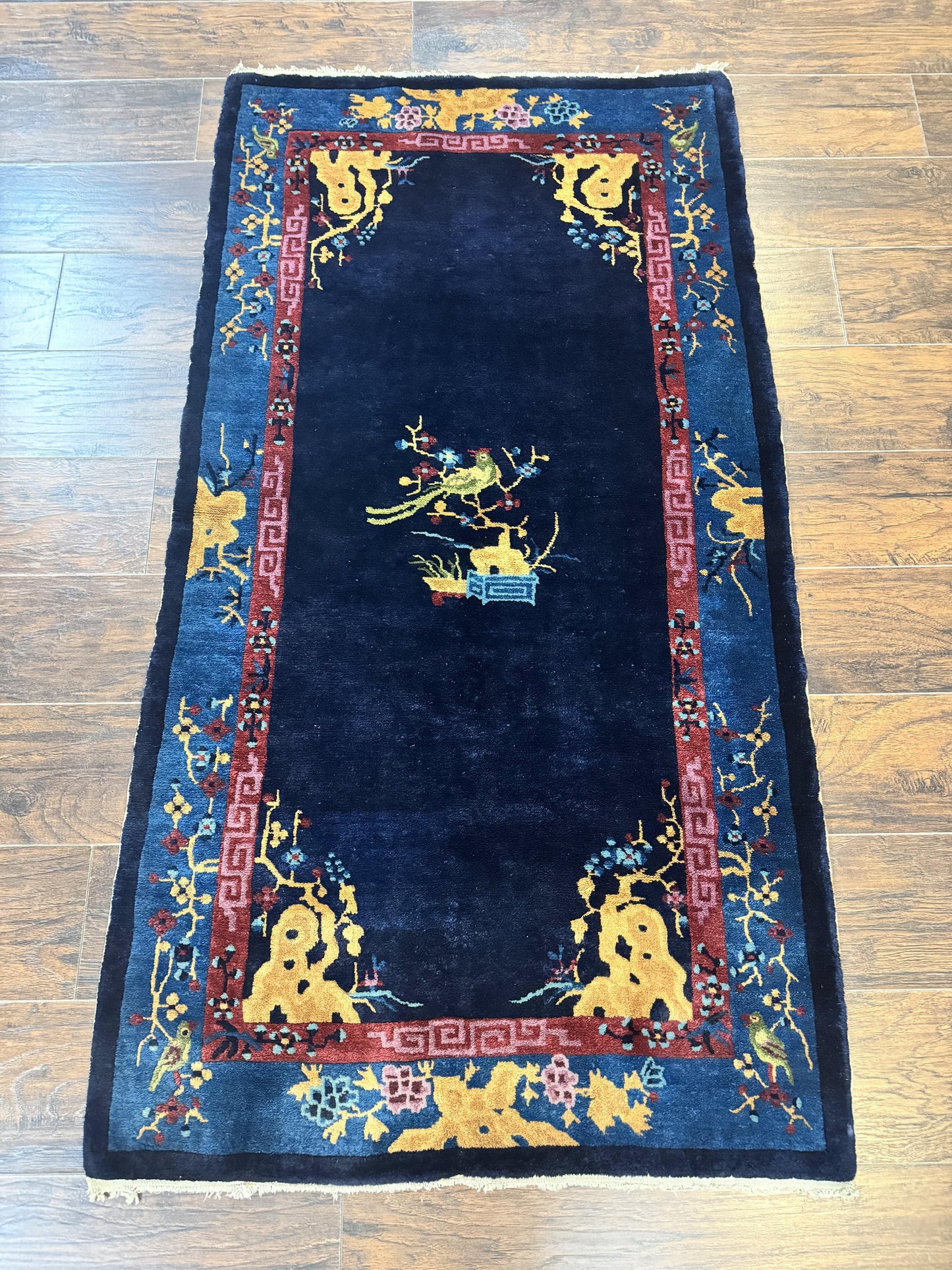 Antique Chinese Peking Rug 3x6, Dark Blue, Bird Motif, Handmade Wool Art Deco Asian Oriental Carpet, Pair A - Nuvé