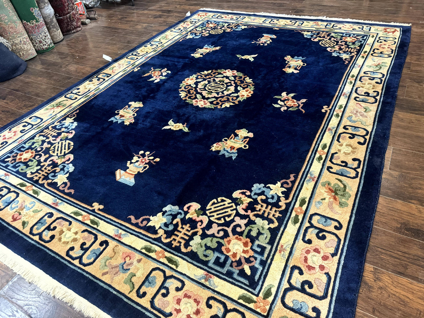 Chinese Wool Rug 8x11, Navy Blue and Beige, Simple Design, Fete Carpet - Nuvé