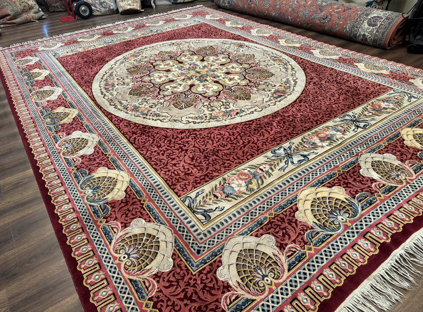Wonderful Aubusson Rug 10x14, Red Maroon, Elegant, Fine 200 KPSI - Nuvé