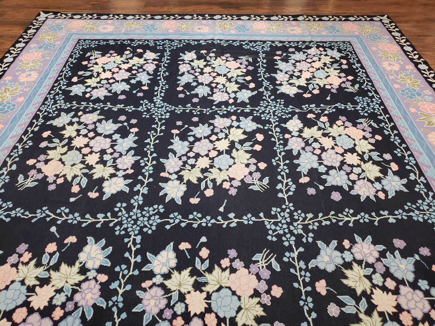 Chinese Needlepoint Rug 8 x 11.4, Hand-Woven Area Carpet, Flatweave Rug, Black Blue Light Violet Floral Garden European Design Wool Aubusson - Nuvé