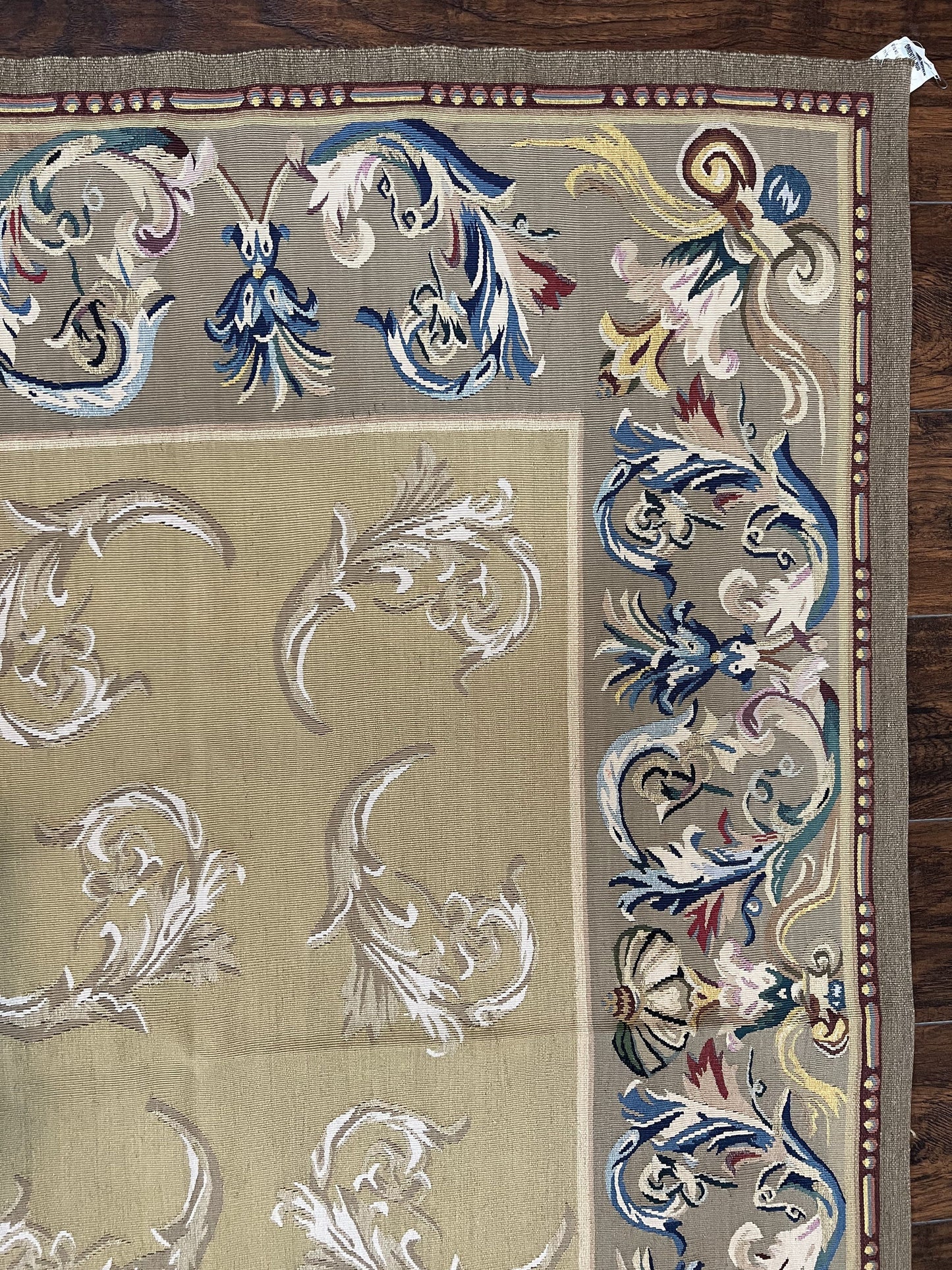 Vintage Aubusson Flatweave Area Rug 9x12, Aubusson Weave, Wool, Beige, Handmade, French European Design, 8'9" x 11'9" - Nuvé