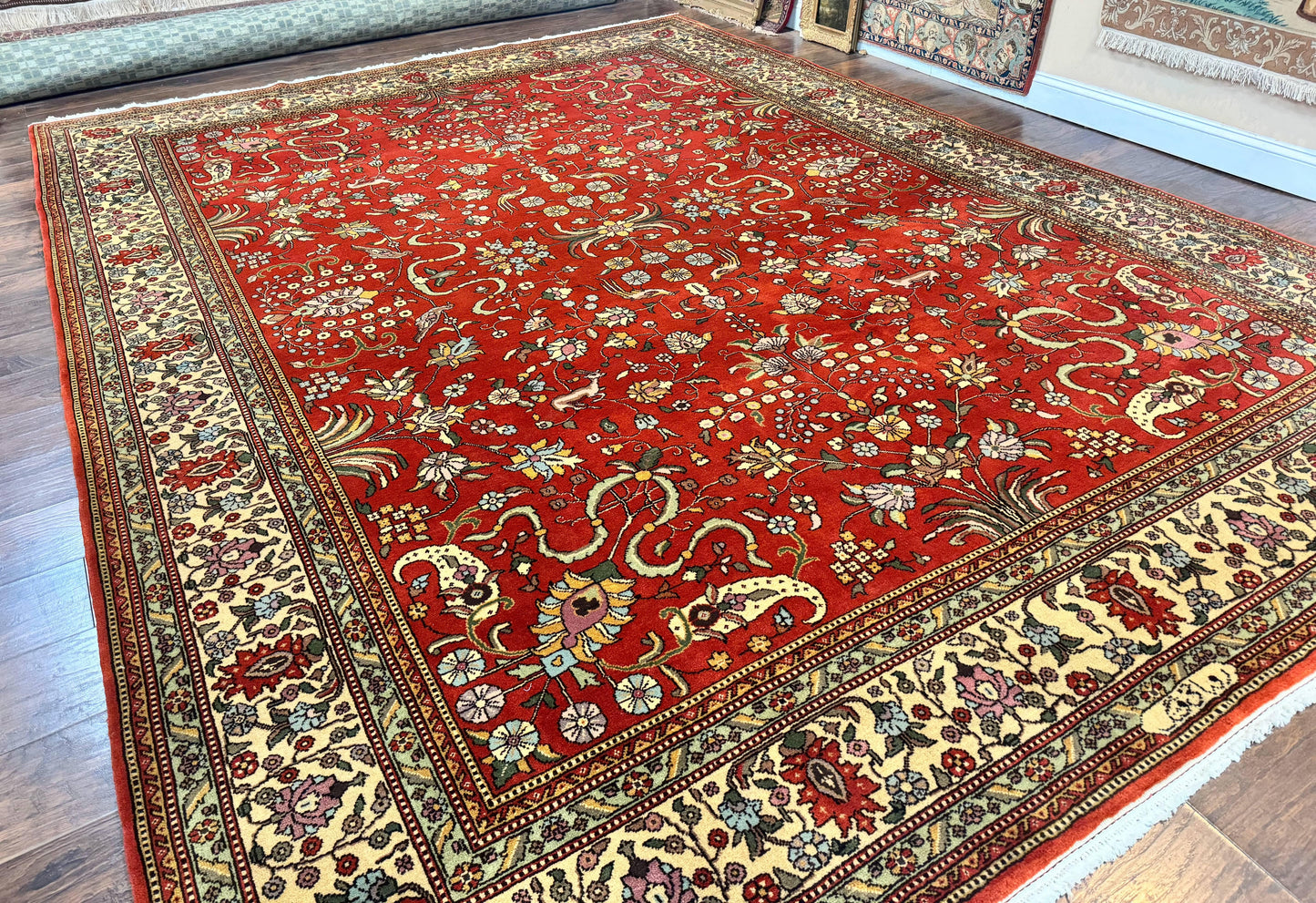Romanian Rug 10x13, Vintage Handmade Wool Carpet, Floral Pattern, Birds, Red and Cream, Signed By Masterweaver, Persian Rug - Nuvé