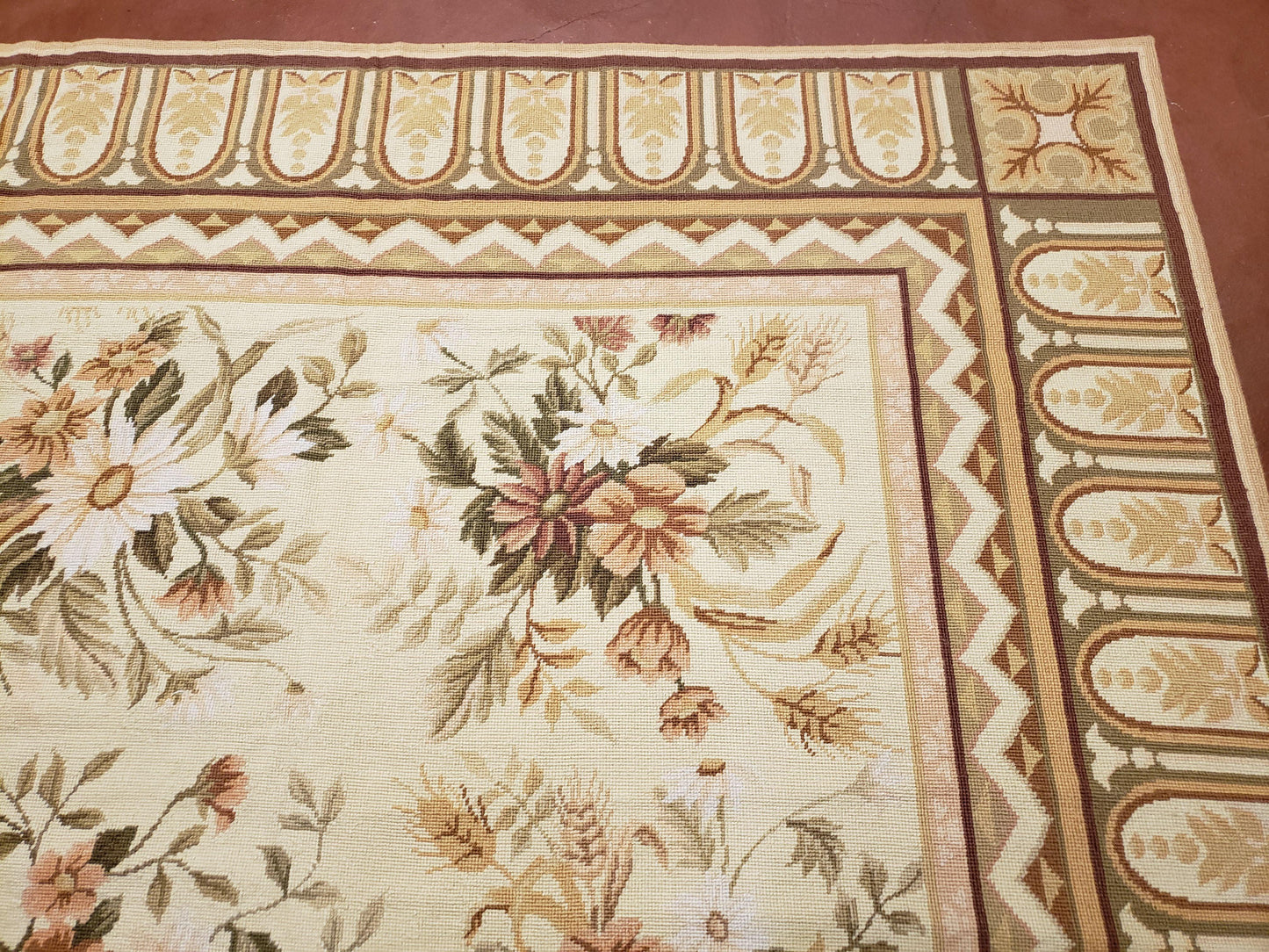 Needlepoint Rug 8x10 Aubusson Rug Victorian Floral Rug Handmade French Style French Decor Garden Panel Beige 8 x 10 Area Rug 100% Wool - Nuvé