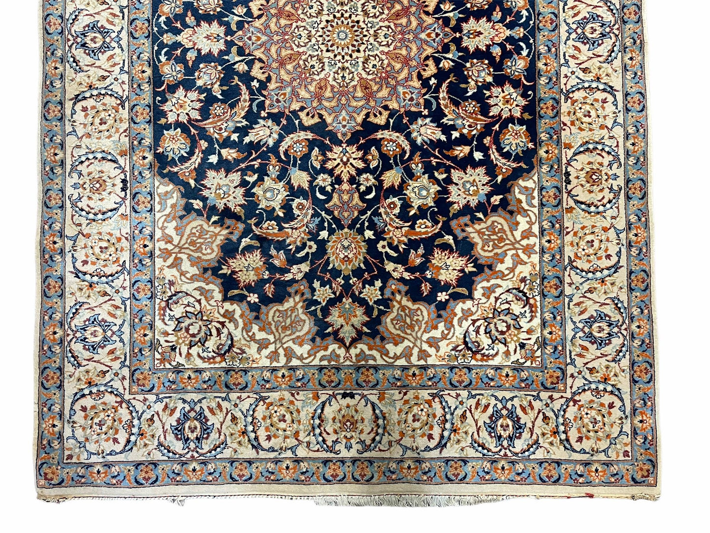 Persian Isfahan Rug 4x5, Navy Blue & Ivory, Wool and Silk Highlights - Nuvé