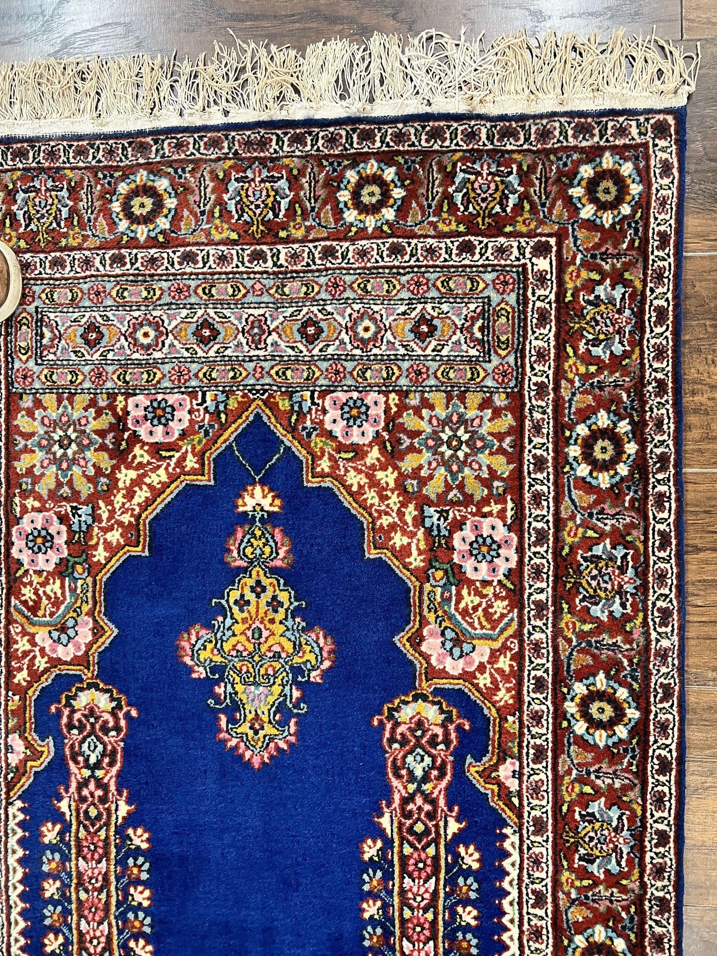 Indo Persian Prayer Rug 3x5, Fine Oriental Carpet, Dark Blue and Red, Vintage Hand Knotted Handmade Prayer Rug - Nuvé