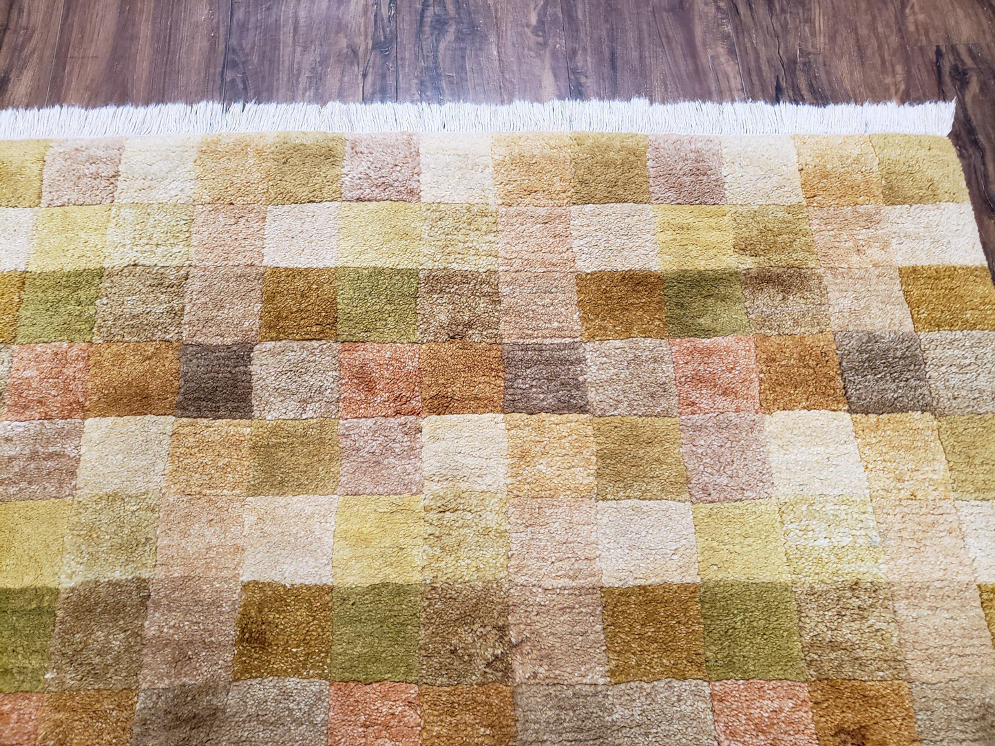 4x6 Tibetan Rug, Modern Abstract Handmade Area Rug, Checkerboard Pattern, Neutral Ivory Gold Tan Colors, Soft Pile, Mid Sized Rug, Nepali - Nuvé