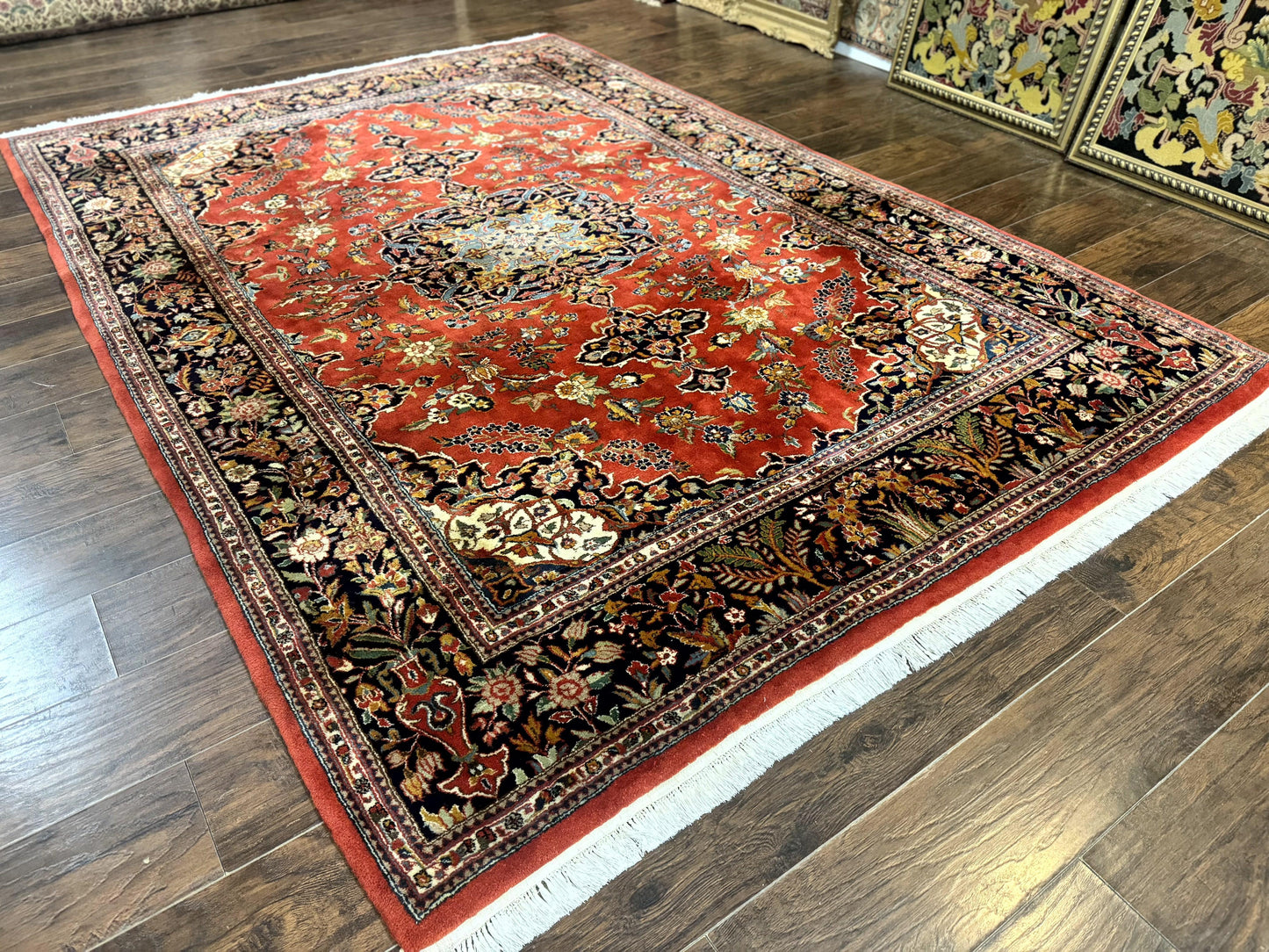Indo Persian Rug 7x10, Vintage Handmade Wool Carpet, Floral Medallion Traditional Rug, Red and Midnight Blue - Nuvé
