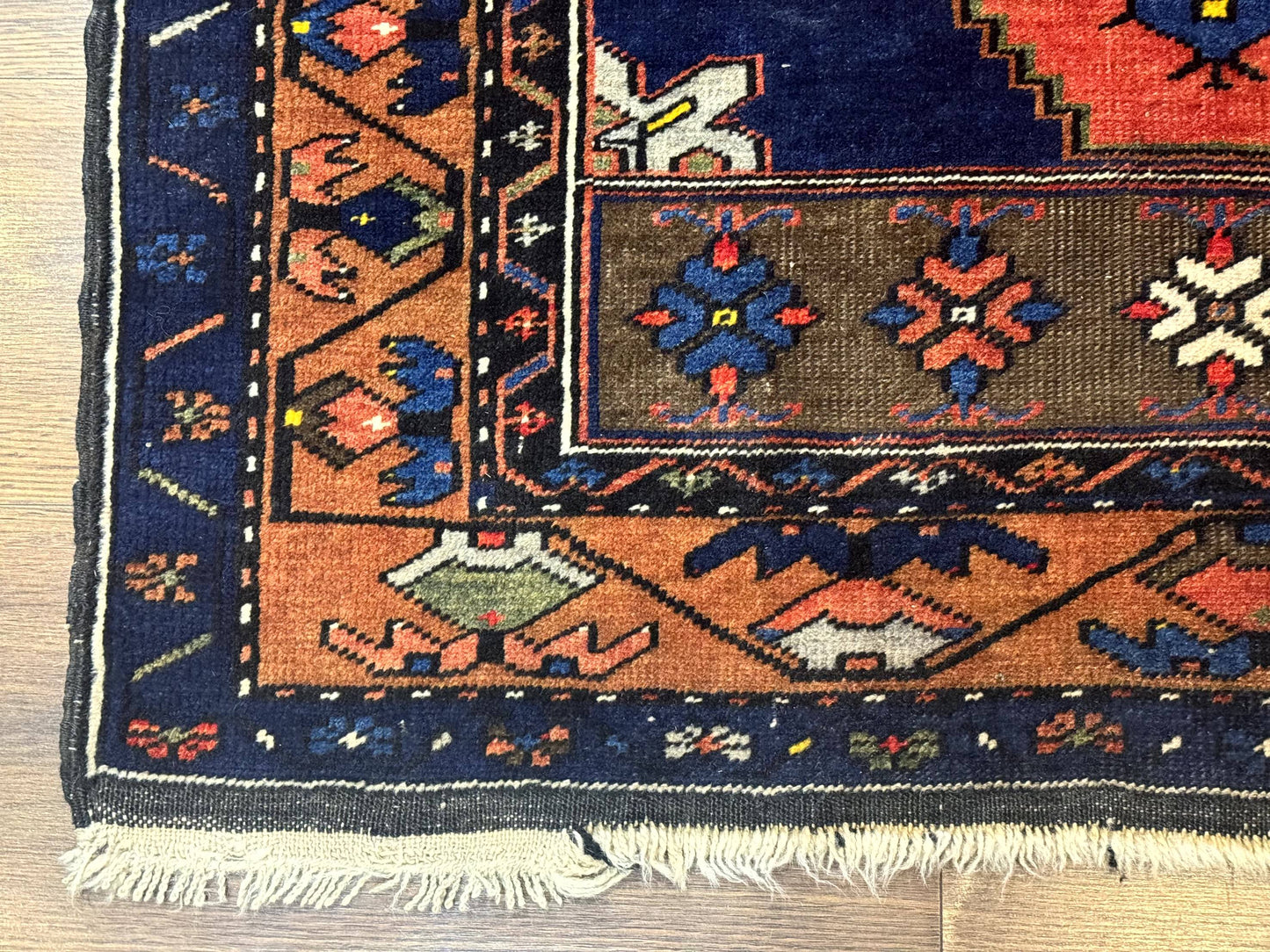 Persian Rug 3x6, Geometric Medallion, Village Tribal Rug, Terracotta and Navy Blue, Antique Nahavand Hamadan Rug - Nuvé