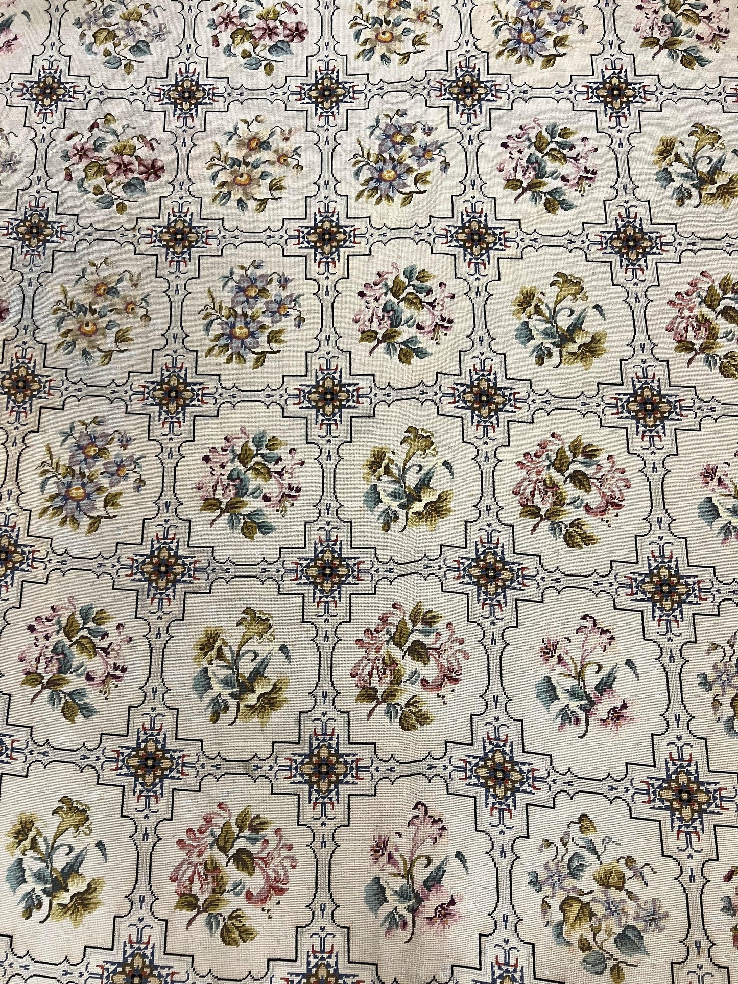 Needlepoint Rug 10x14, Wool Handmade Vintage Needlepoint Carpet, Floral Panel Design, Ivory/Cream - Nuvé