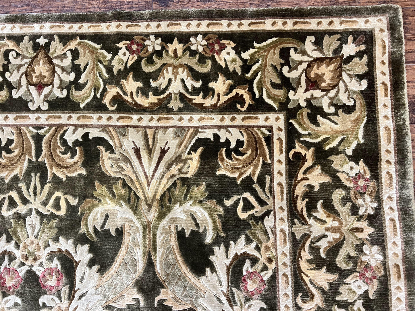 Tibetan Rug 8x10, European Design, Floral, Green, Handmade, Wool, Nepali Rug - Nuvé