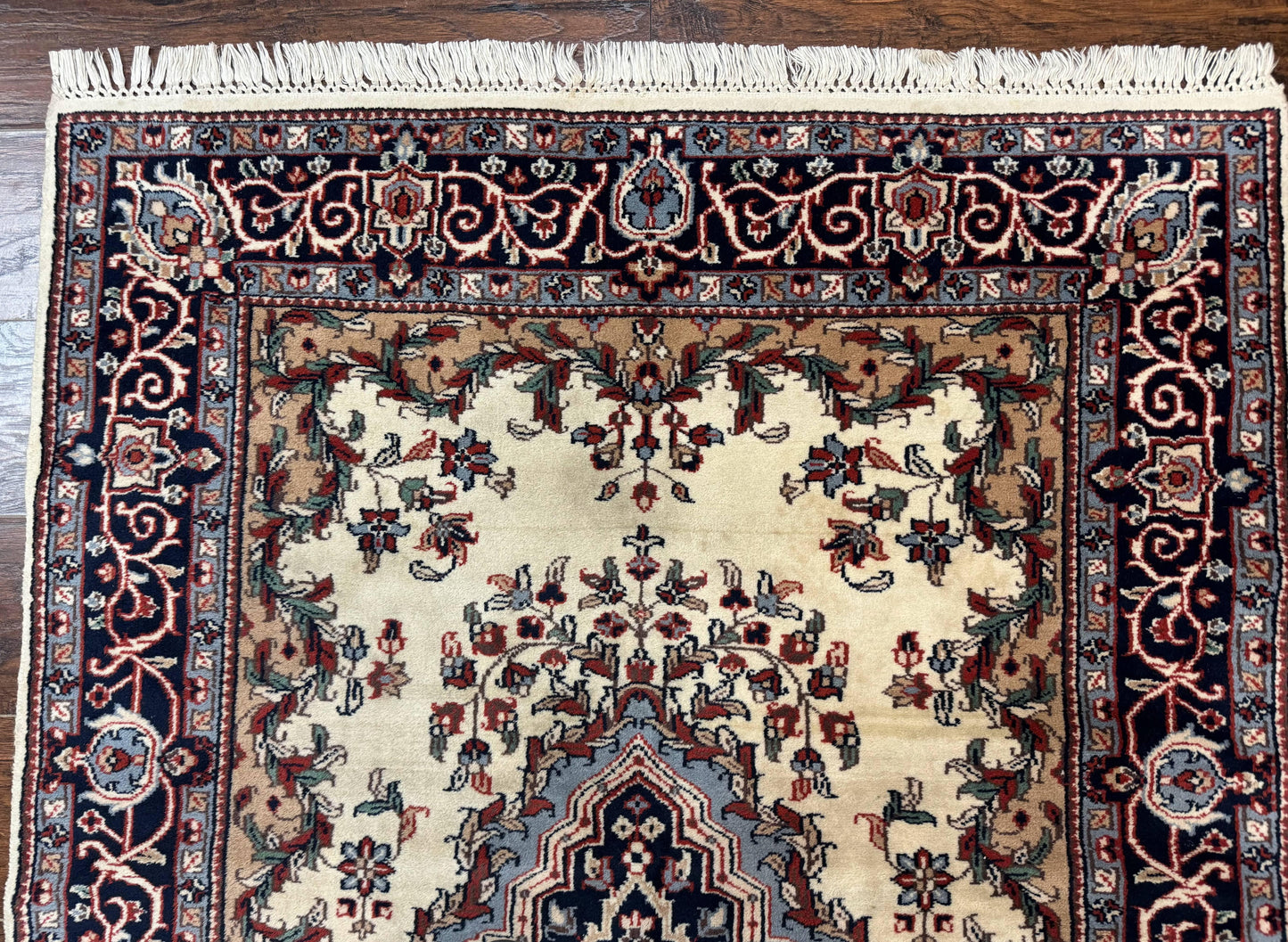 Indian Kashmiri Rug 4x6, Ivory Beige Navy Blue, Traditional Indo Persian Rug - Nuvé