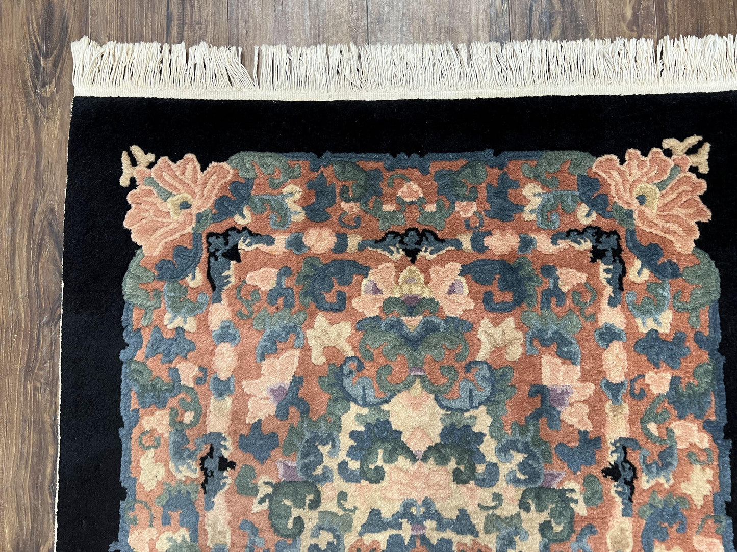 Chinese Art Deco Rug 3x5, Black and Beige Chinese Carpet 3 x 5, Vintage Rug, 1950s Rug, Floral Rug, Handmade Rug, Art Deco Rug, Wool Rug - Nuvé