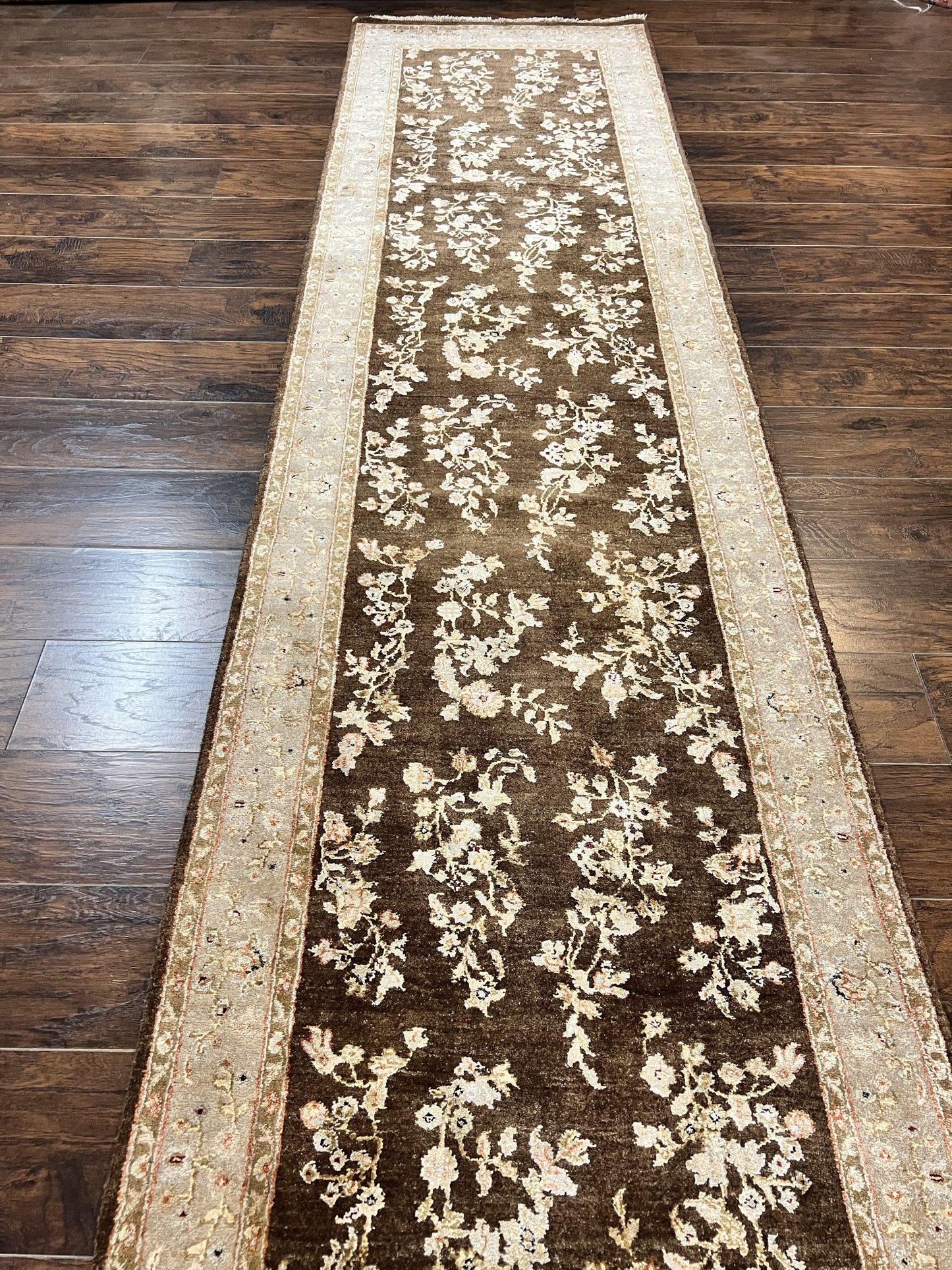Peshawar Runner Rug 3 x 20, Wool Hand Knotted Vintage Pakistani Carpet, Brown & Taupe, Chobi Mahal Floral Rug, Extra Long Hallway Runner - Nuvé