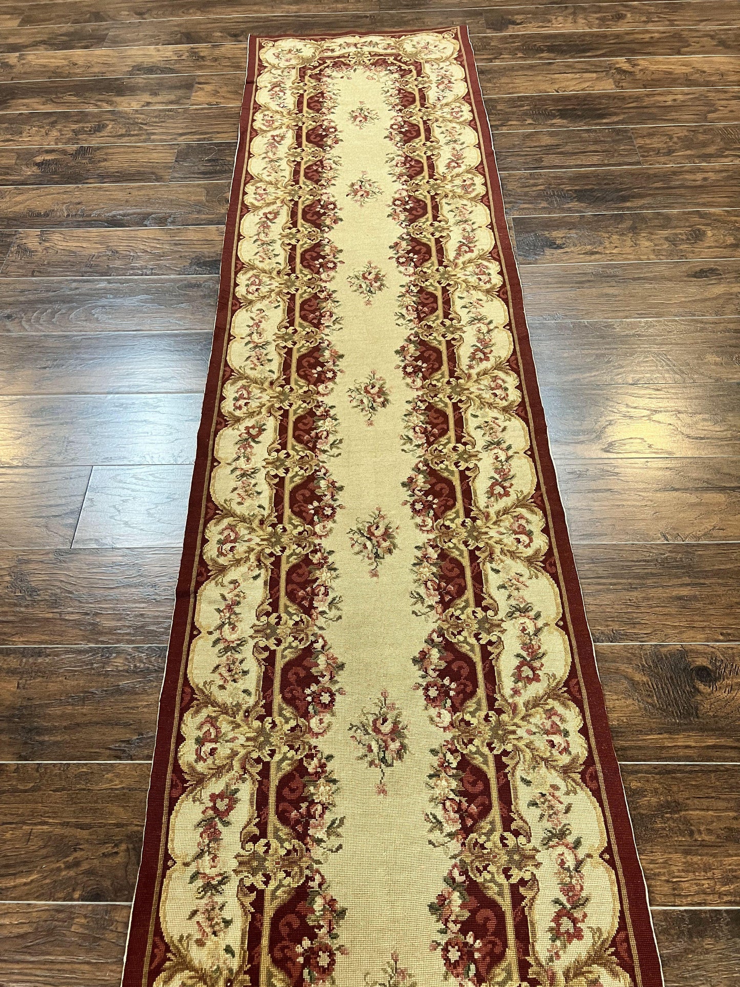 Needlepoint Runner Rug 2.5 x 10.7, Tan Runner Rug, Flatweave Runner, Aubusson European Design, Needlepoint Rug, Long Runner, Hallway Rug - Nuvé