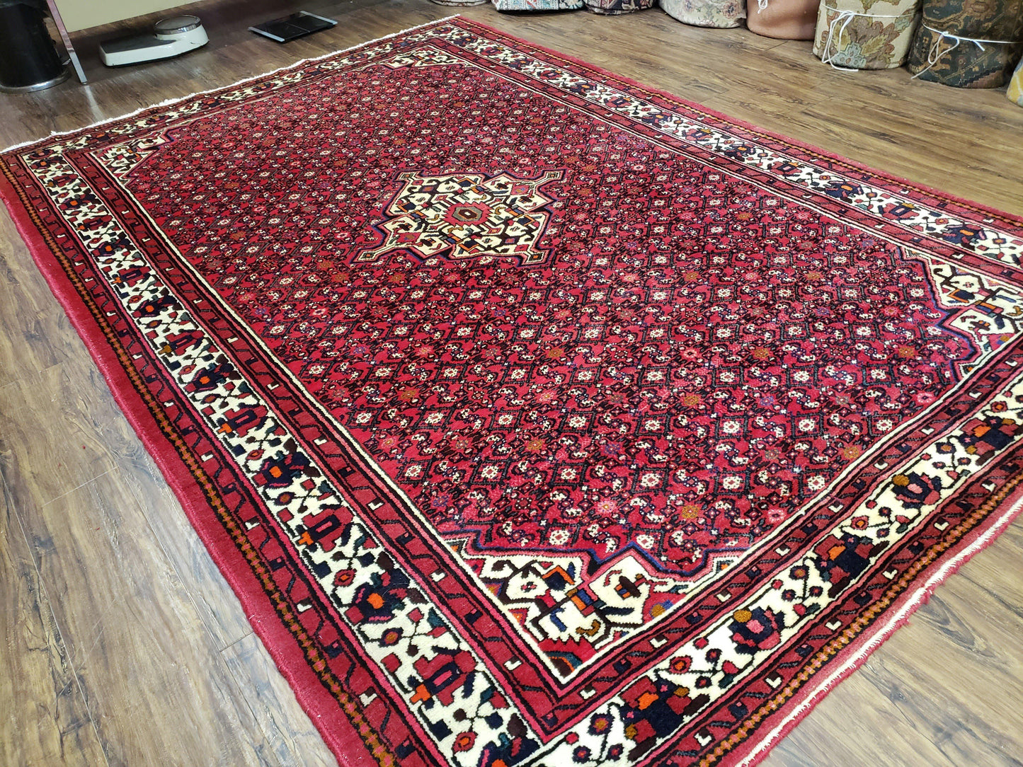 Vintage Persian Hamedan Rug 7x10, Angelas Mahi Pattern, Red, Wool, Hand-Knotted - Nuvé
