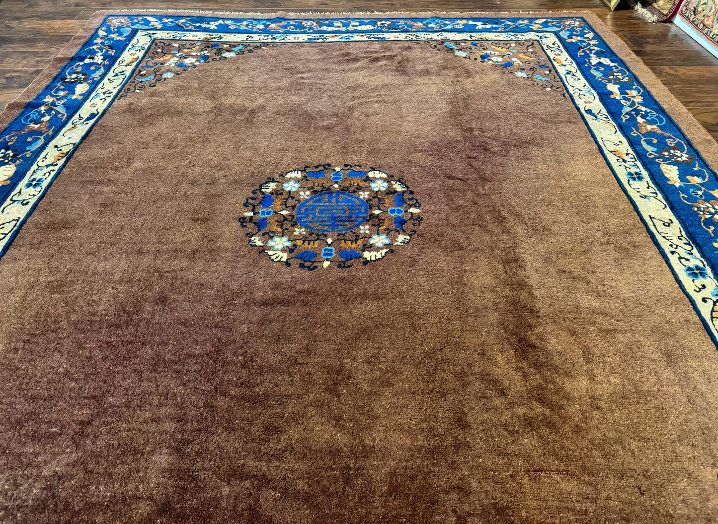 Antique Chinese Wool Rug 9x11, Large Chinese Art Deco Rug, Peking Rug, Brown and Blue, Open Field, Fete Rug - Nuvé