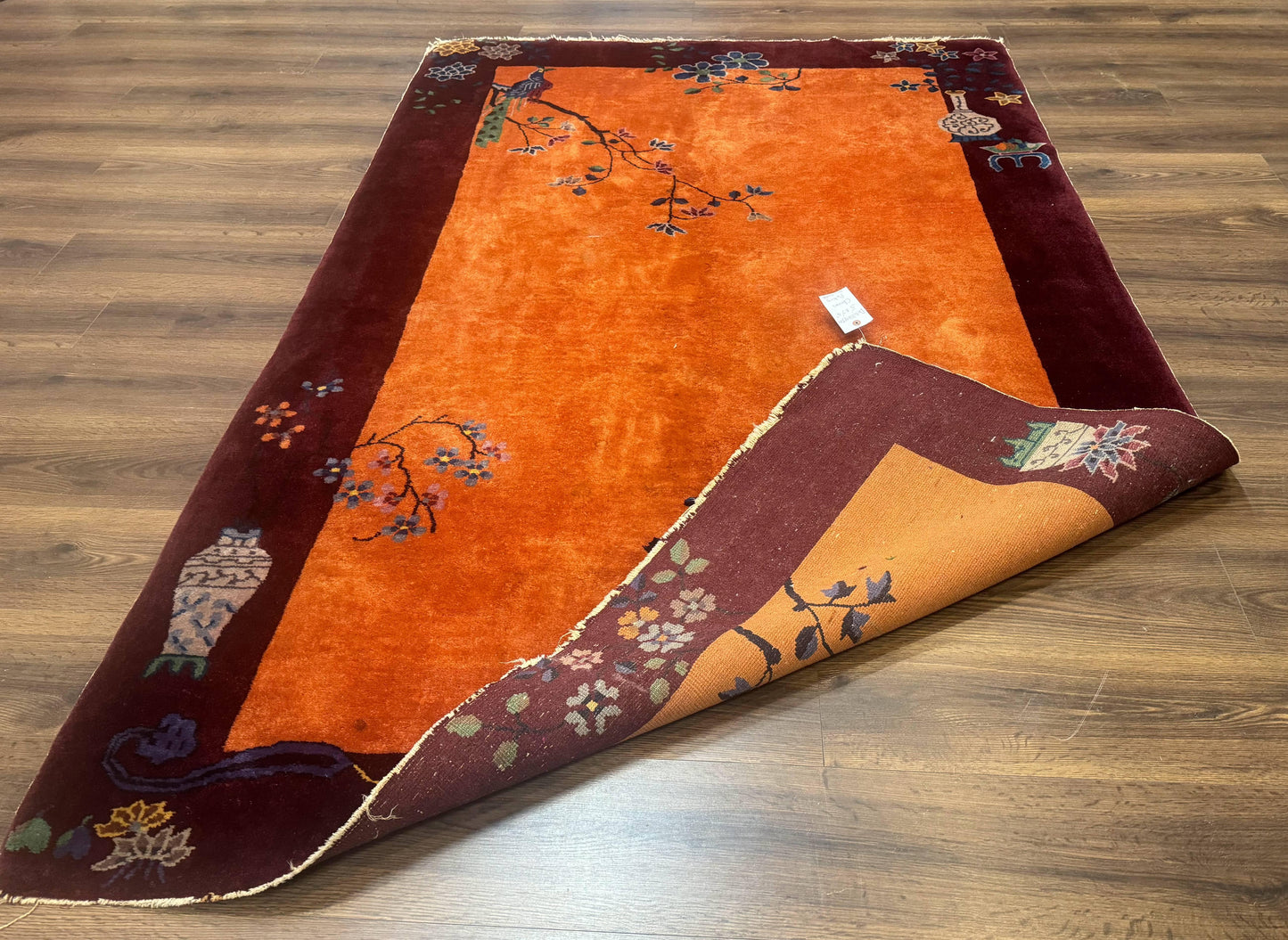 Chinese Art Deco Rug 5x8, Antique Chinese Wool Rug, Nichols Rug, Rare Chinese Carpet, Orange and Purple-Maroon - Nuvé
