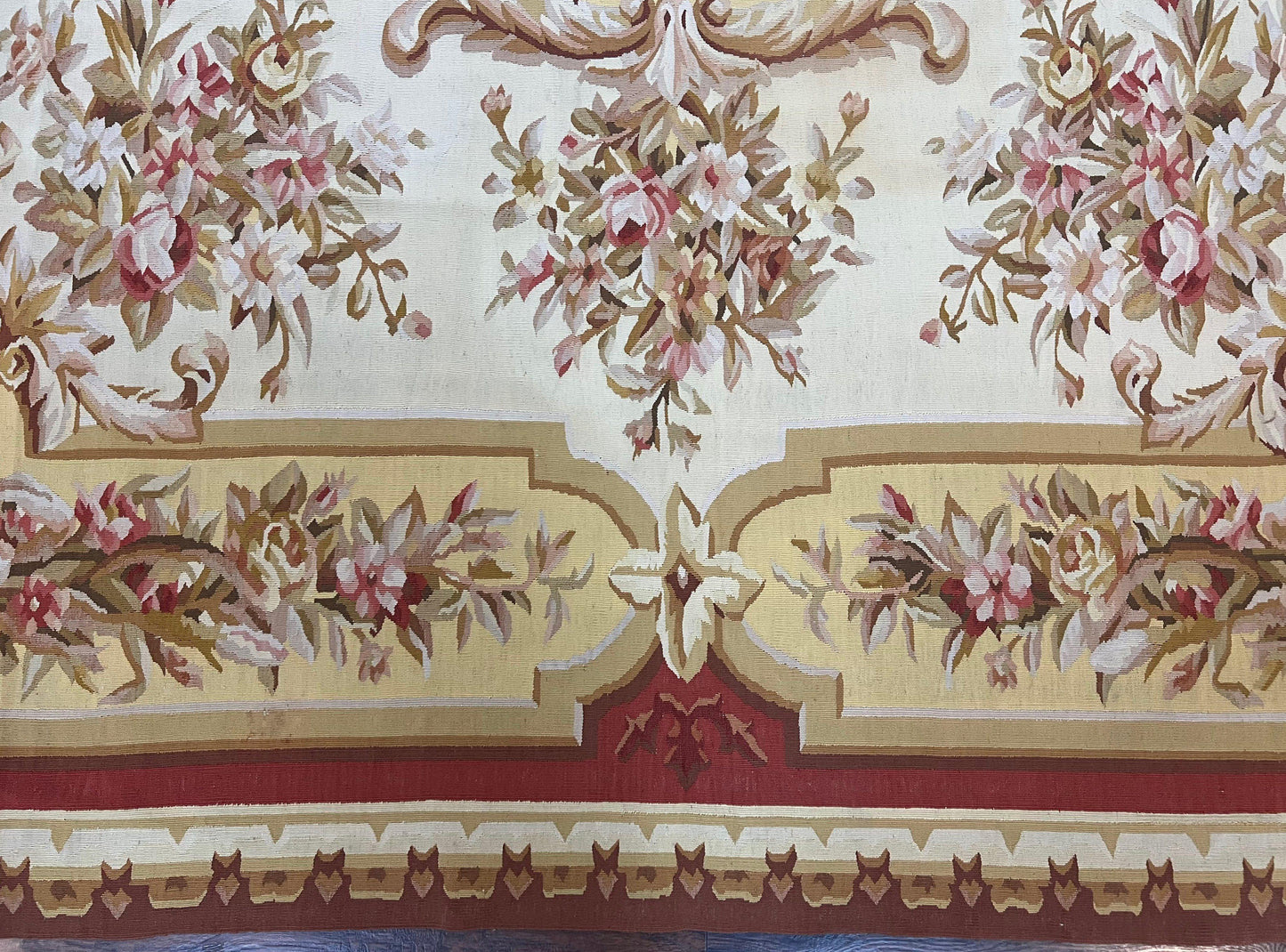 Aubusson Rug 9x12, Elegant Flatweave Savonnerie Carpet 9 x 12 ft, Ivory Light Yellow Red, Handmade Wool Flatweave French European Rug - Nuvé