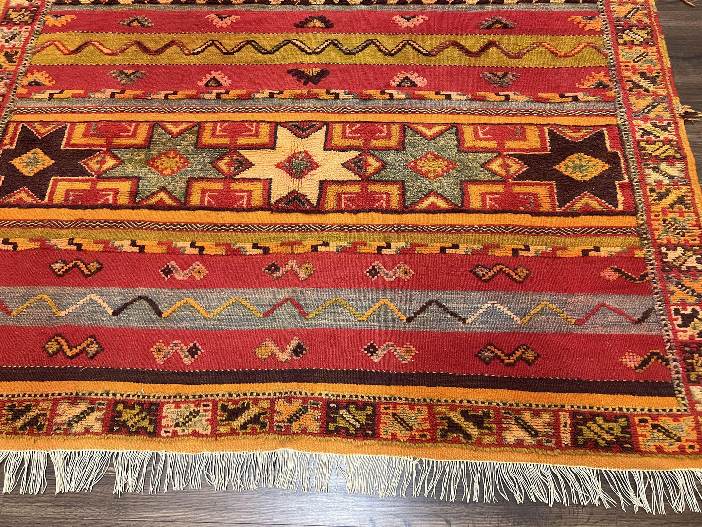 Unique Moroccan Rug 7x10, Room Sized Carpet, Red Orange Gray, Wool Oriental Striped Geometric Tribal Boho Rug, Flatweave with Raised Pile - Nuvé