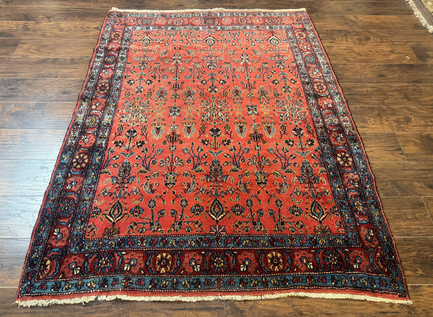 Antique Persian Tribal Rug 5 x 6.6, Tomato Red, Hamadan Angelas Rug - Nuvé
