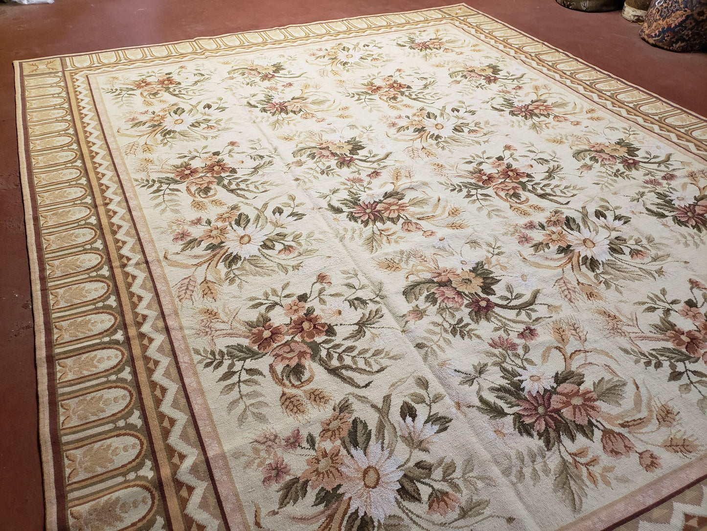 Needlepoint Rug 8x10 Aubusson Rug Victorian Floral Rug Handmade French Style French Decor Garden Panel Beige 8 x 10 Area Rug 100% Wool - Nuvé