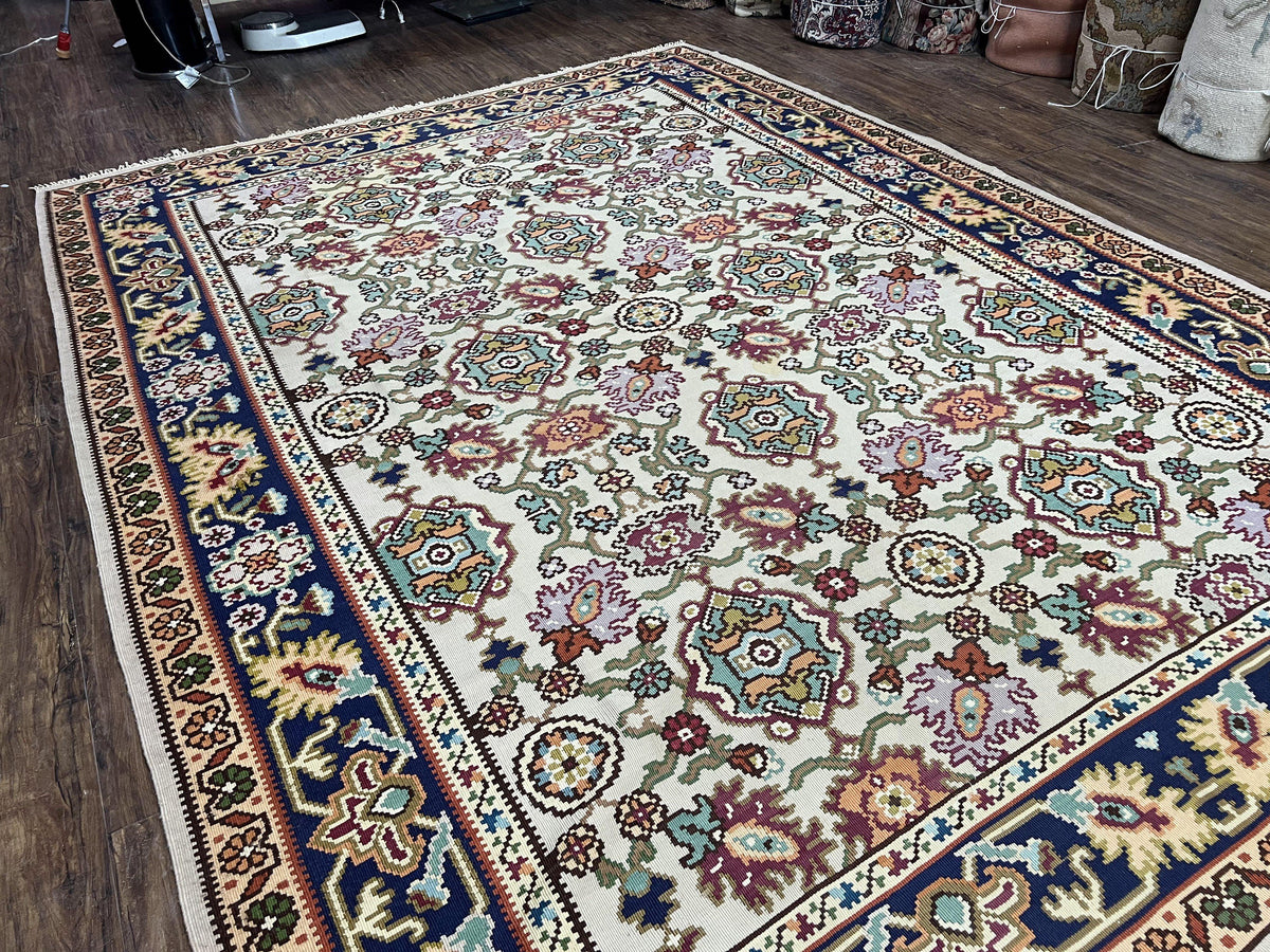 Antique Turkish Kilim Rug 7x10 Allover Pattern, Ivory Cream Maroon Light Blue, Wool Flatweave Hand Woven, Large Kilim, Vintage Kilim Carpet