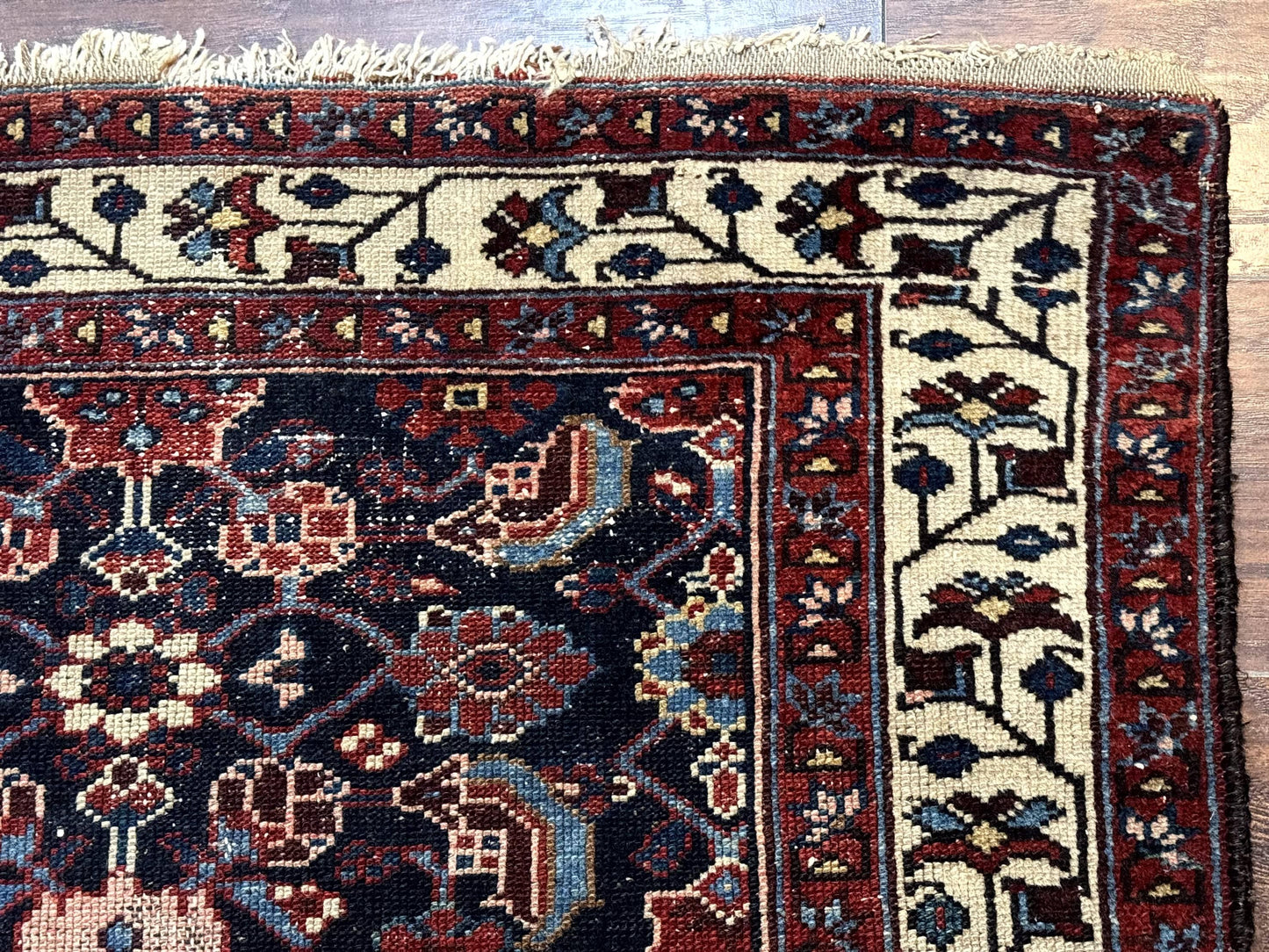 Navy Blue Antique Persian Rug 3x6, Blue and Ivory Persian Carpet, Handmade 1920s Hamadan Rug - Nuvé