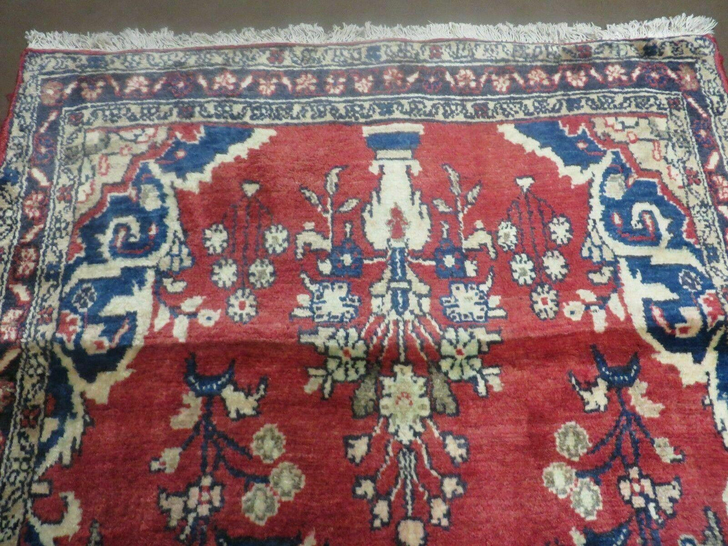 Persian Runner Rug 3 x 12, Antique Wool Oriental Runner, Floral Vases, Red & Navy Blue - Nuvé