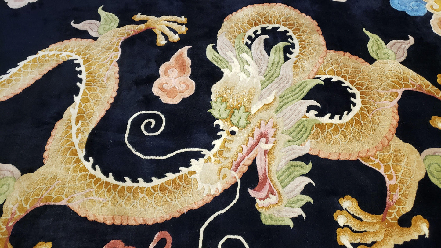 Rare Antique Chinese Art Deco Rug 6x9 with Dragon, Black Chinese Carpet 6 x 9, Hand Knotted Wool Area Rug - Nuvé