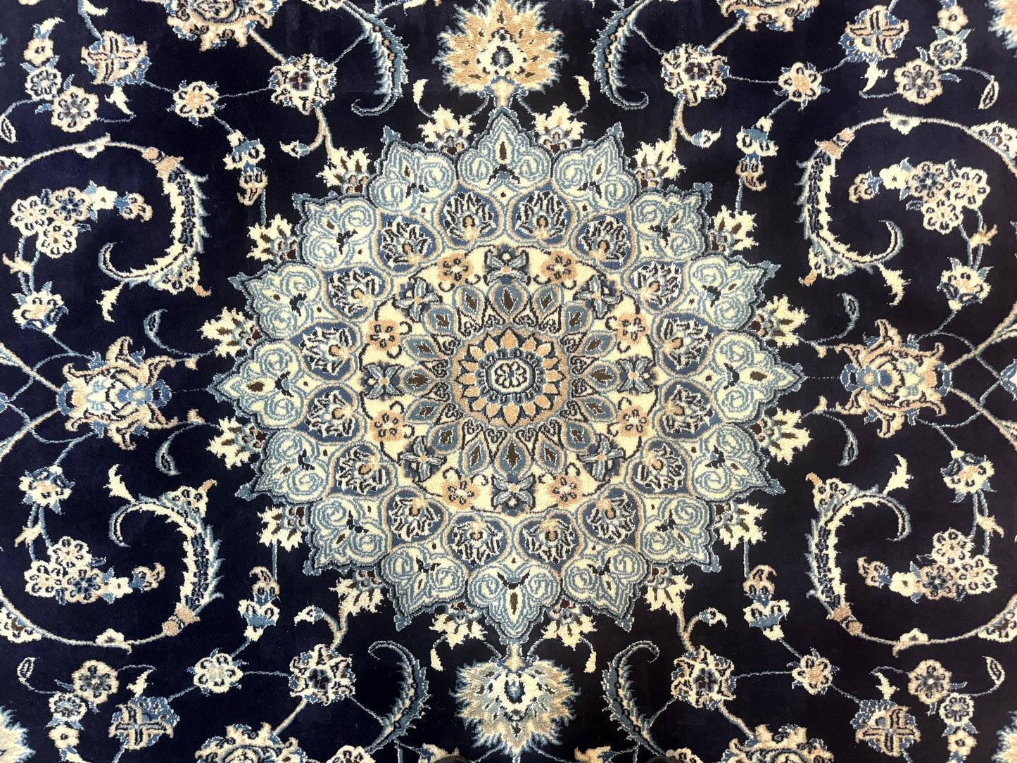 Persian Nain Rug 8x11, Navy Blue and Ivory, Handmade Wool Vintage Carpet, Floral Medallion - Nuvé