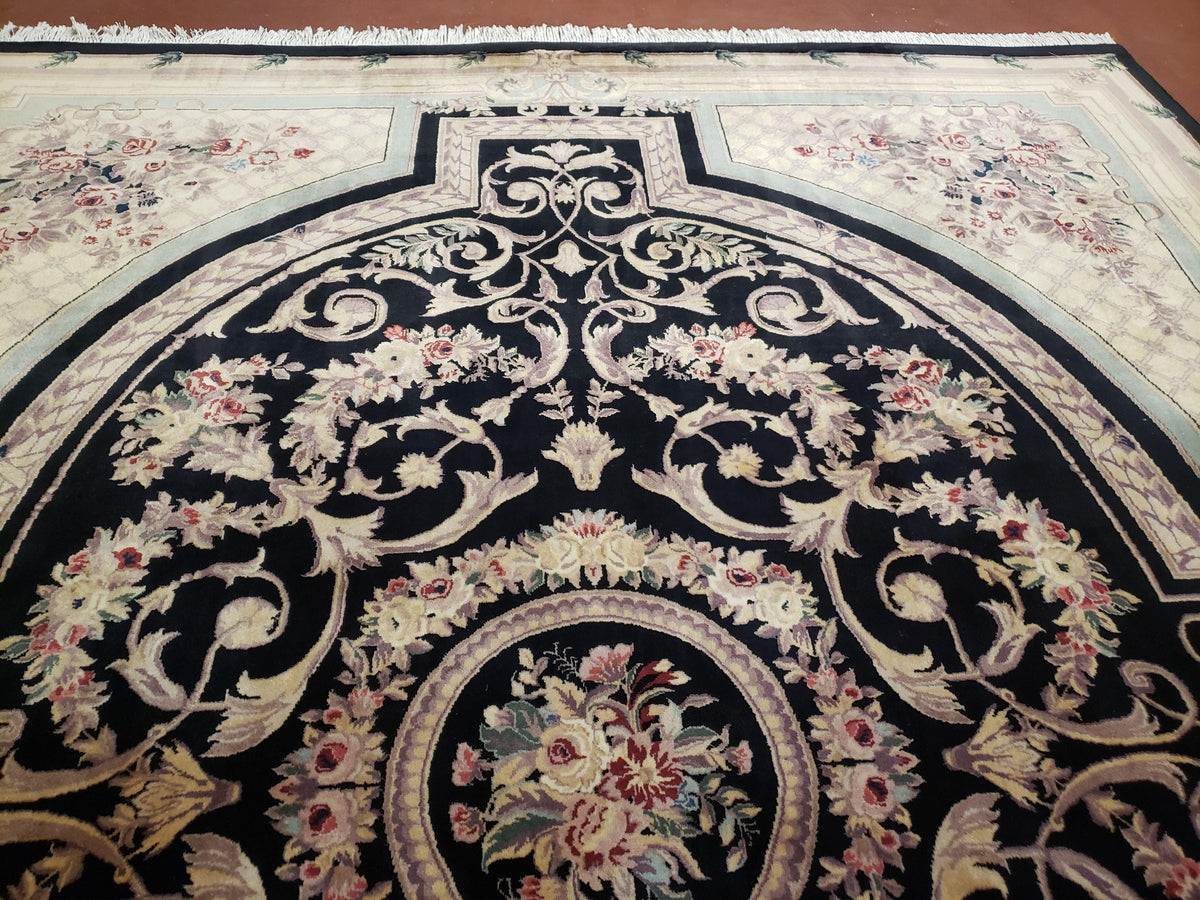 8x10 Aubusson Rug, Fine Hand Knotted Wool Carpet, French European Design, Black & Ivory