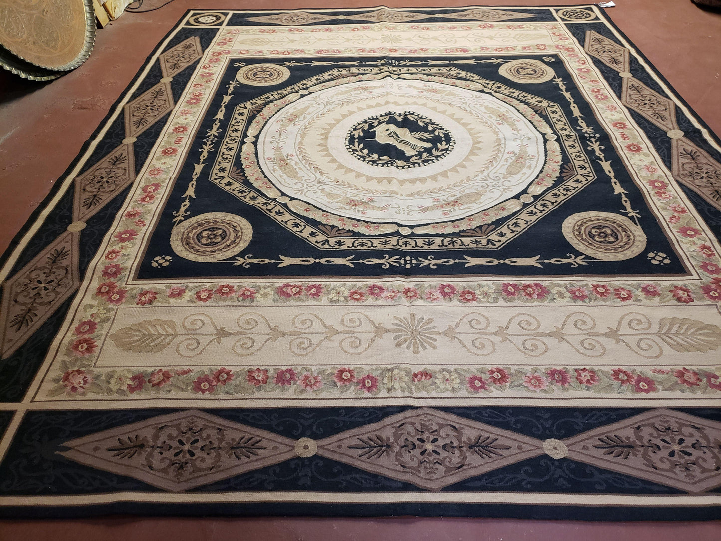 8x10 Woolen Needlepoint Rug Black European Savonnerie Carpet Circles Flat Weave Carpet Area Rug New Handmade Hand-Knotted Harp Flowers - Nuvé