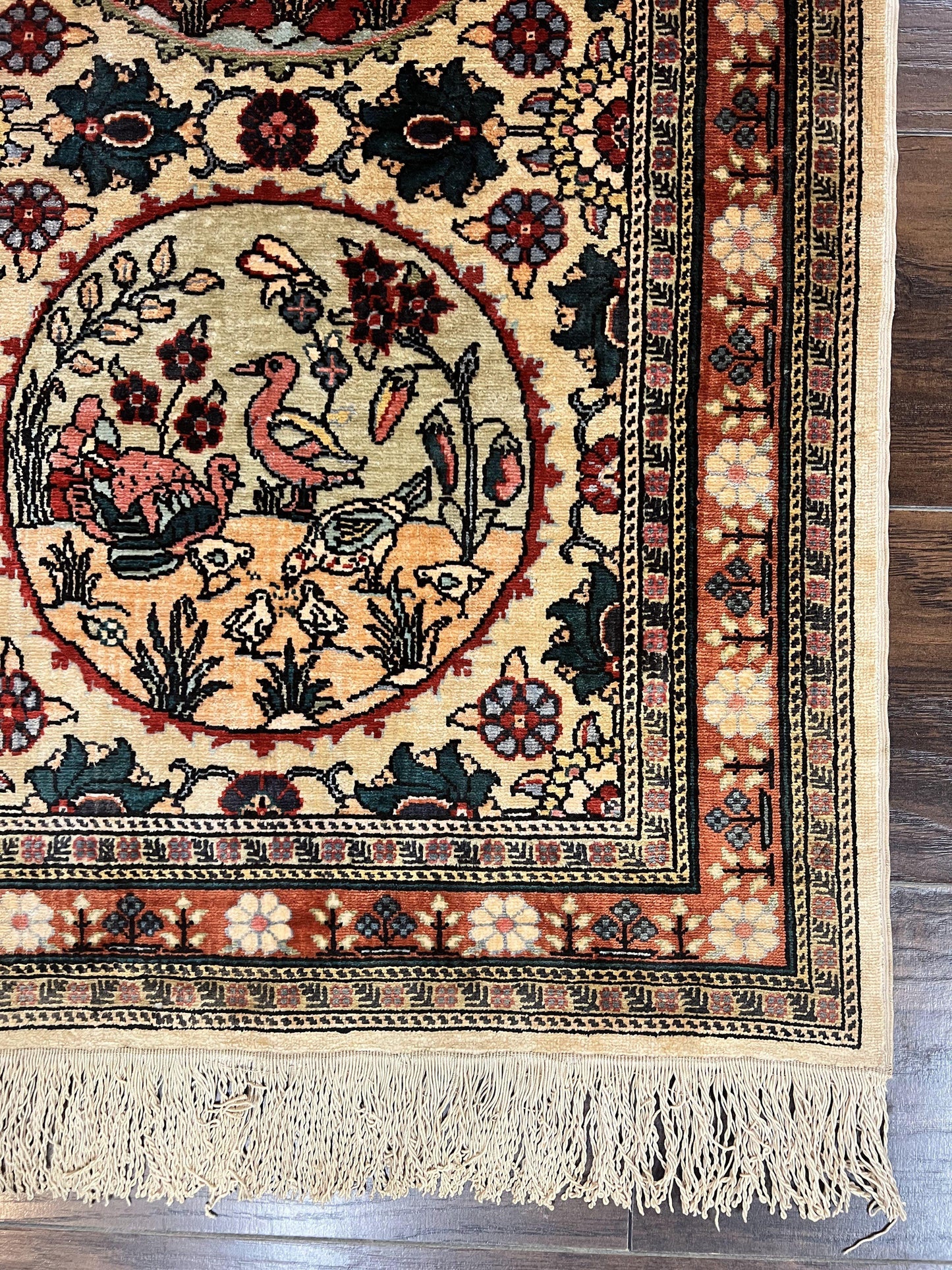 Silk Turkish Rug 2x4, Fine Handmade Oriental Rug, Animal Pictorial Birds Silk Pile on Silk Foundation Vintage Hand Knotted Hereke Carpet - Nuvé