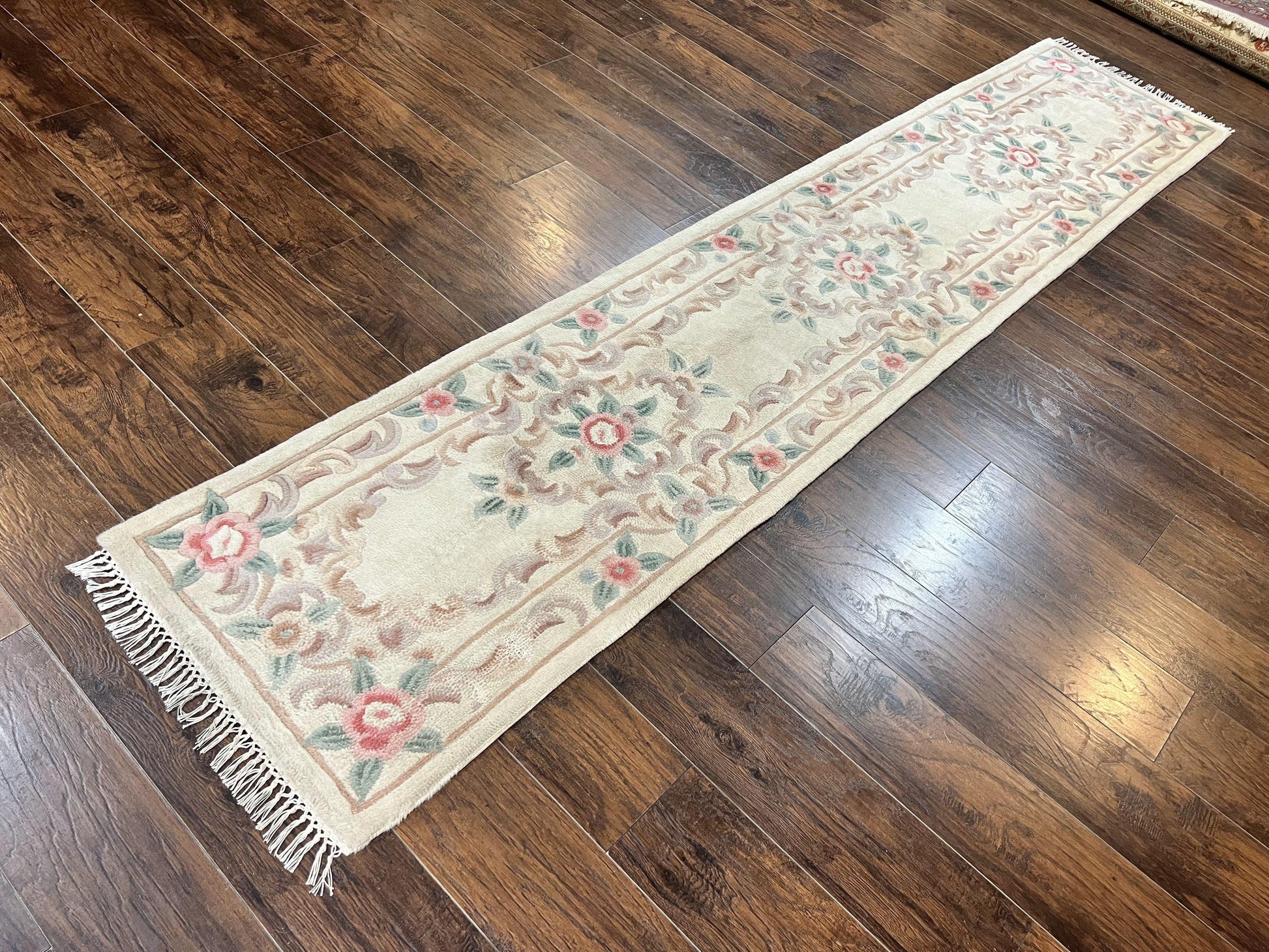 Chinese Aubusson Runner Rug 2.4 x 11, Hand Tufted Beige Floral European Design Hallway Rug, Elegant Rug, Vintage Wool Rug 11ft Long - Nuvé