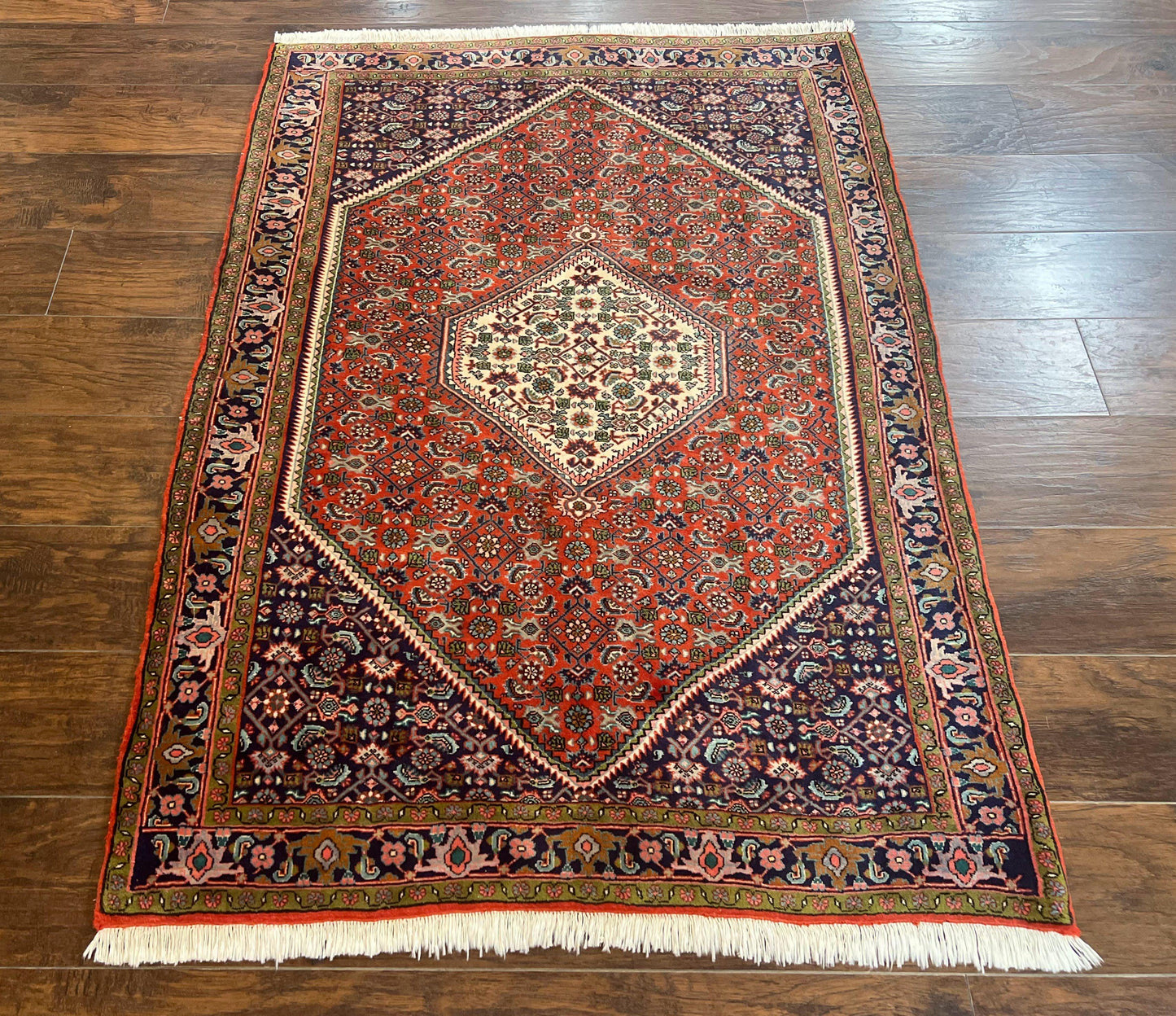 Persian Bidjar Rug 4x5, Finely Hand Knotted Vintage Carpet, Red and Navy Blue, Handmade Wool Rug, 180 KPSI - Nuvé