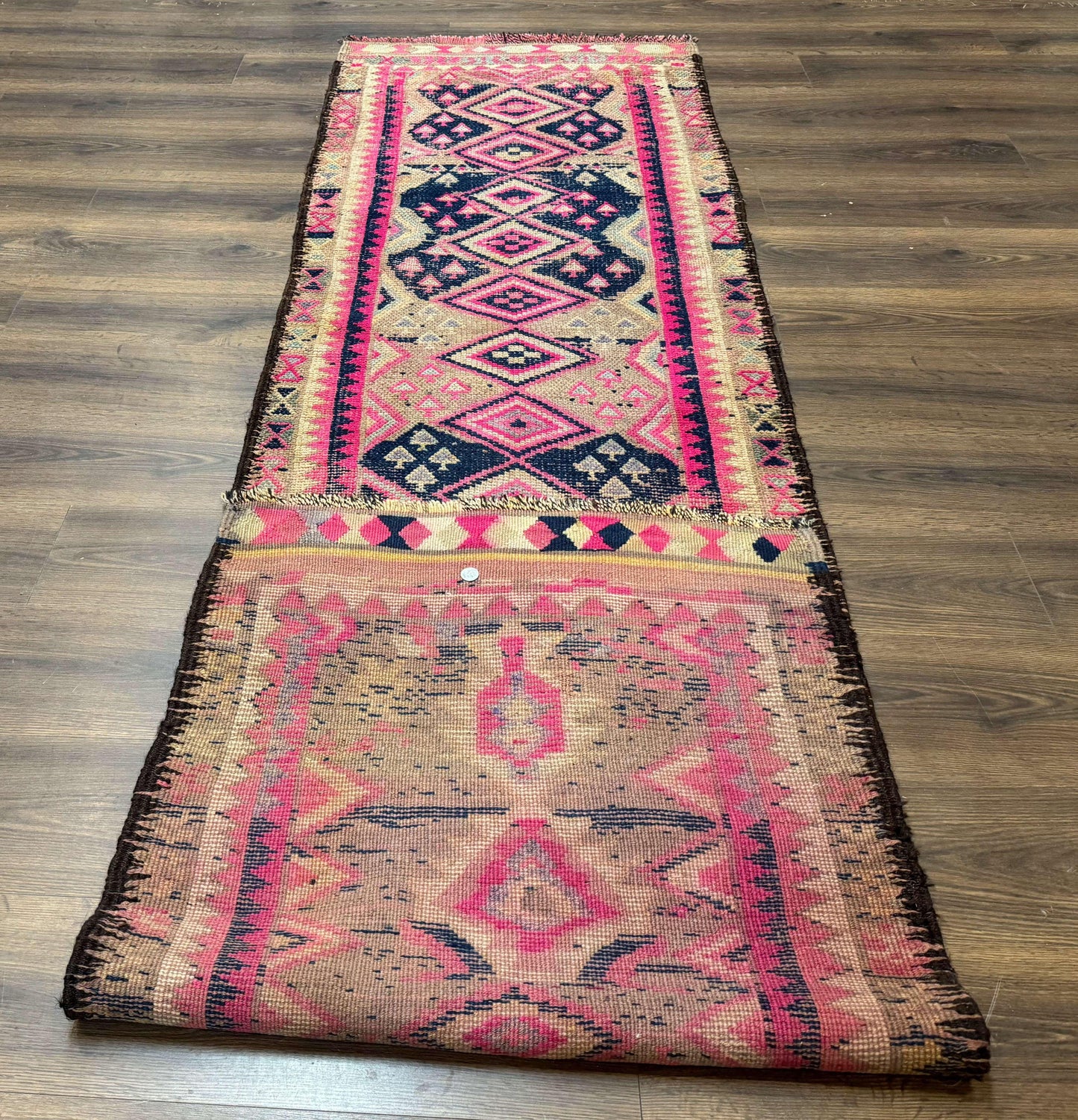 Turkish Runner Rug 3x10, Pink and Navy Blue, Bohemian Runner for Hallway or Kitchen, Vintage, Geometric, Tribal - Nuvé