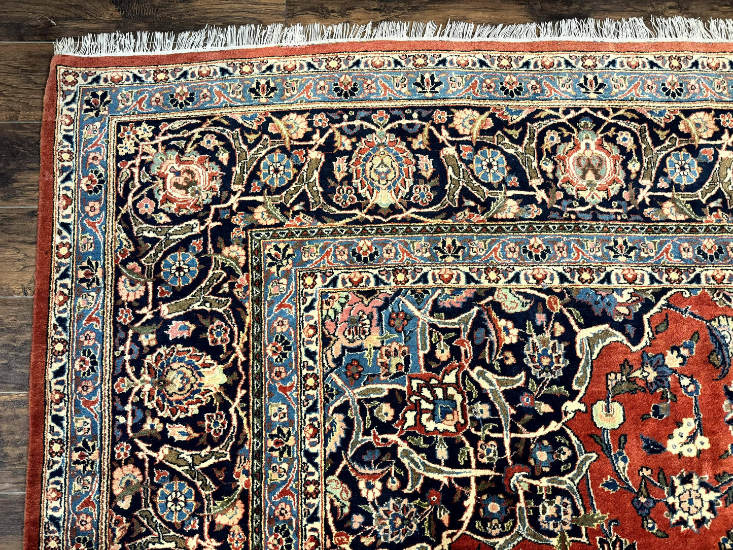 Red Persian Kashan Rug 10x14, Hand-Knotted Semi Antique Floral Medallion Handmade Wool Carpet, Red & Navy Blue - Nuvé
