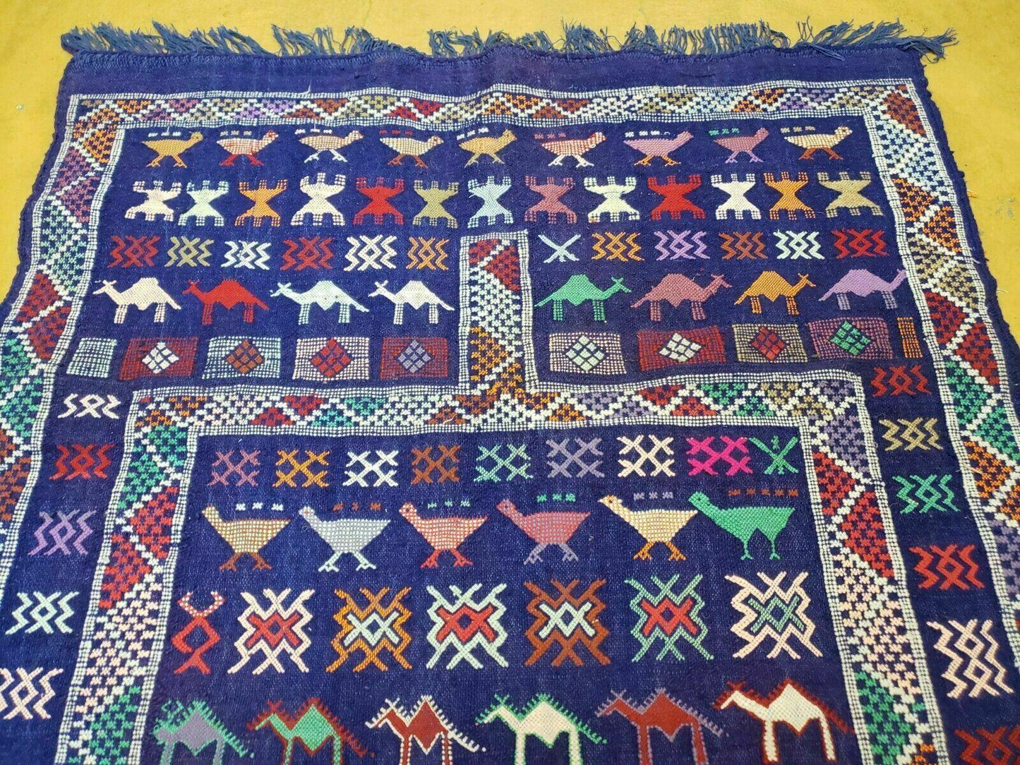 3' X 7' Vintage Handmade Indian Wool Kilim Flat weave Rug Camel Birds Blue Geometric Short Runner - Nuvé